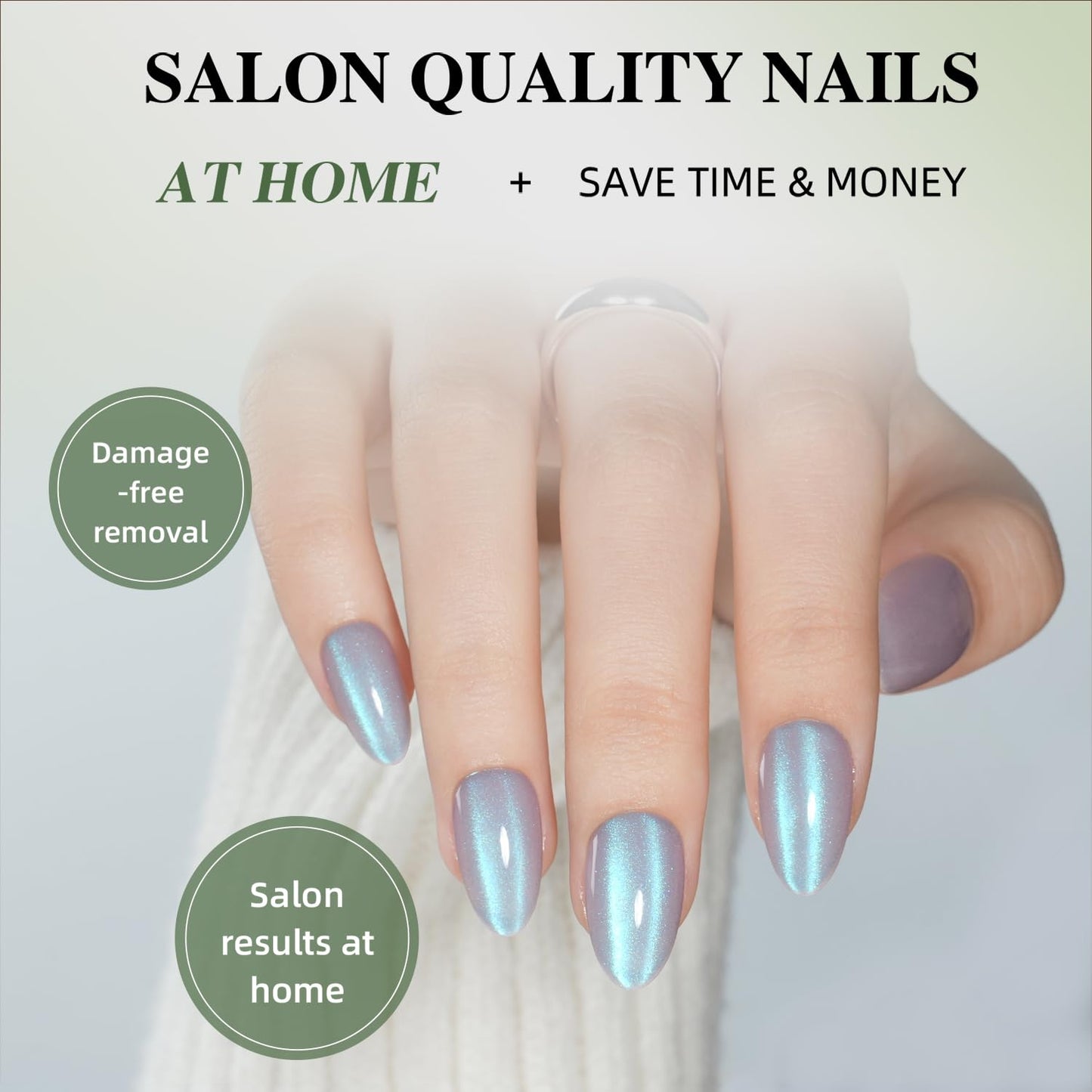 Cat Eye Press On Nails Almond - Moonlit Ash Short Almond Fake Nails, Short Cateye Press On Nails Reusable Stick On Nails in 16 Sizes, 32pcs False Nail Kit for Women & Girls (Moonlit Ash)