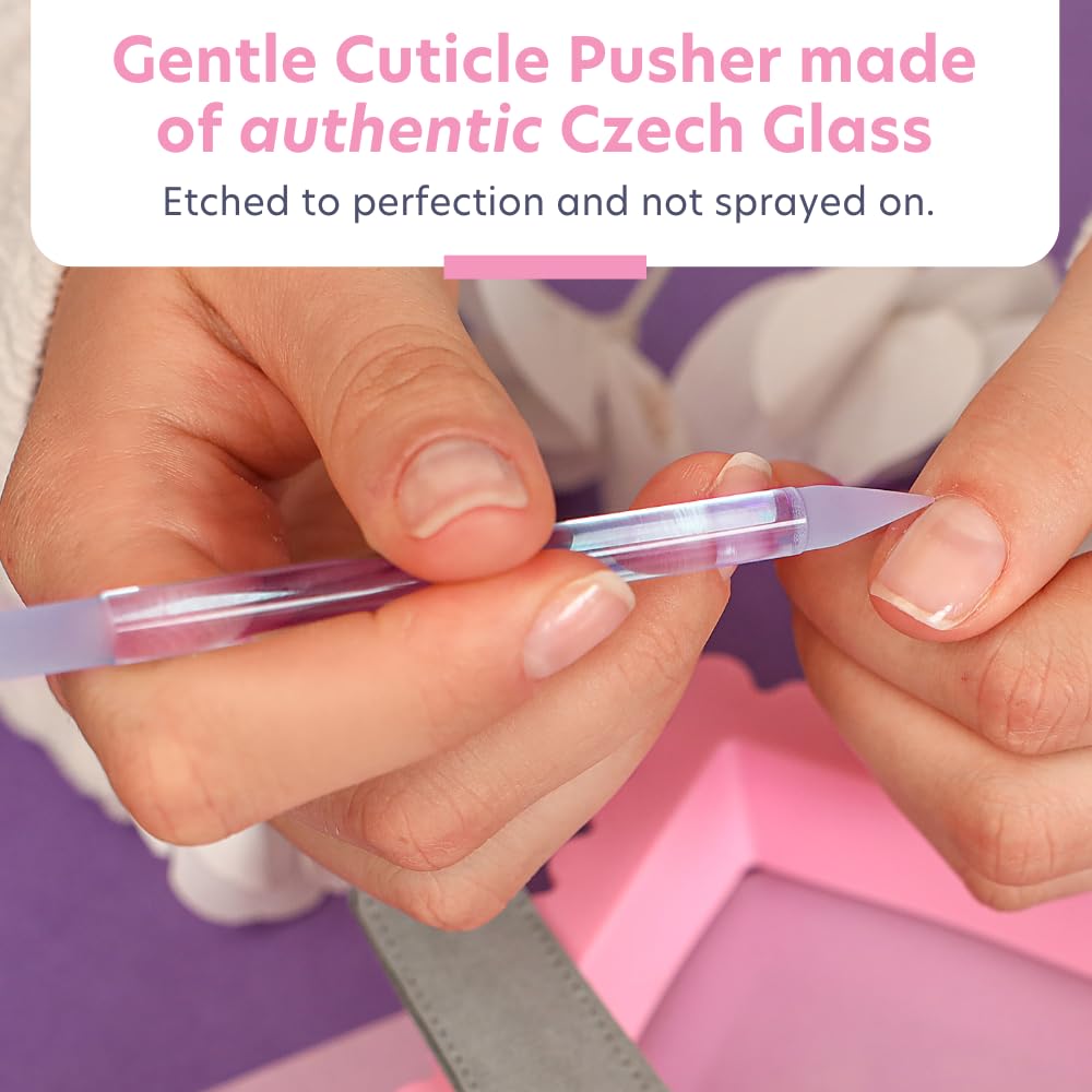 Bona Fide Beauty Glass Cuticle Pusher - High Grit Purple Dual Ended Nail Care Tool with Pointed and Slanted End. Manicure Tool for Women