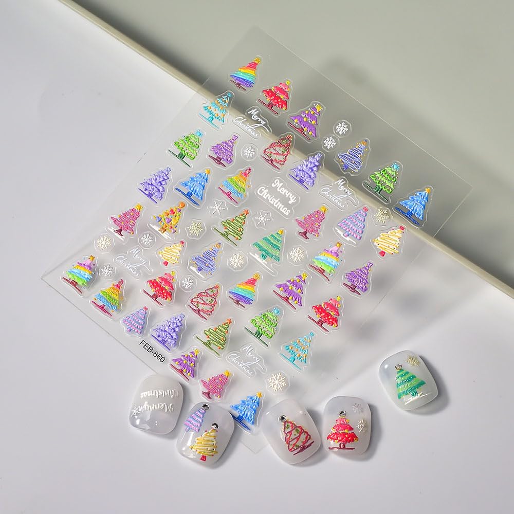 Christmas Nail Art Stickers 5D Embossed Colorful Xmas Tree Nail Stickers Self-Adhesive Snowflake Xmas Tree Nail Decals for Women Girls Winter Holiday Manicure DIY Nail Supplies