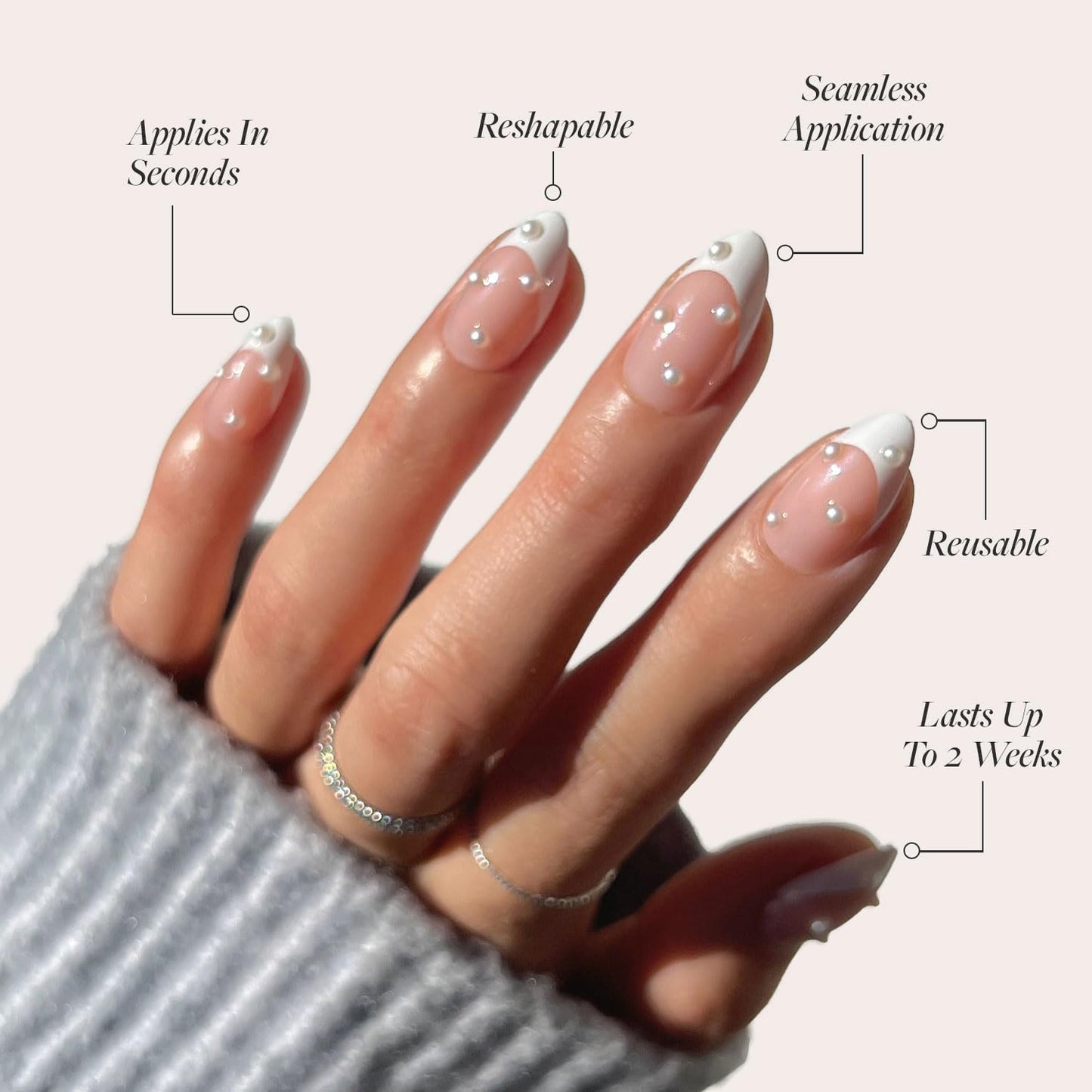 Glamnetic Press-On Nails Bundle - French Pearl & Fairy Dust | Short Almond French Tip Fake Nails with Pearl Accents | Short Oval Beige-Pink False Nails with a Metallic Finish | Reusable, Salon-Quality