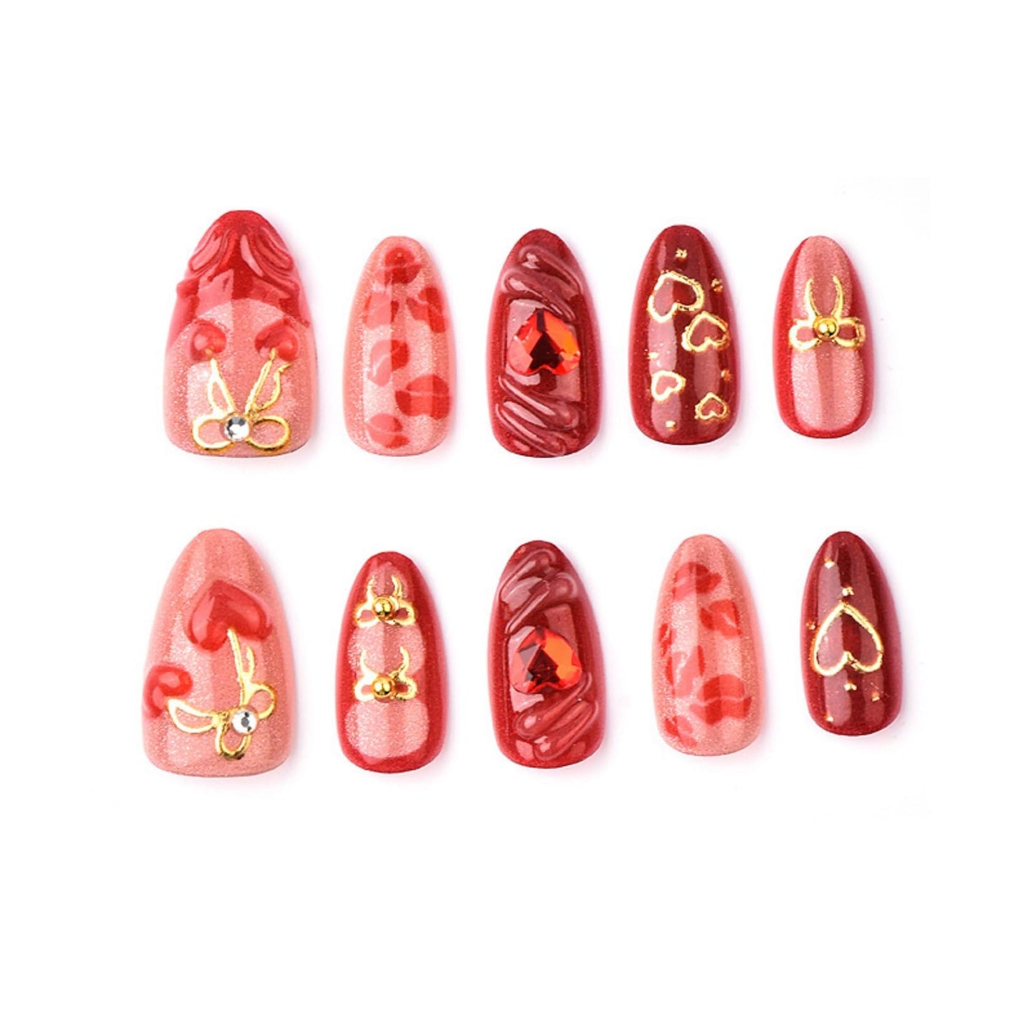 Medium Almond Press on Nails for Women,Red Lips & Hearts,Fake Nails Artificial Stick on Nails