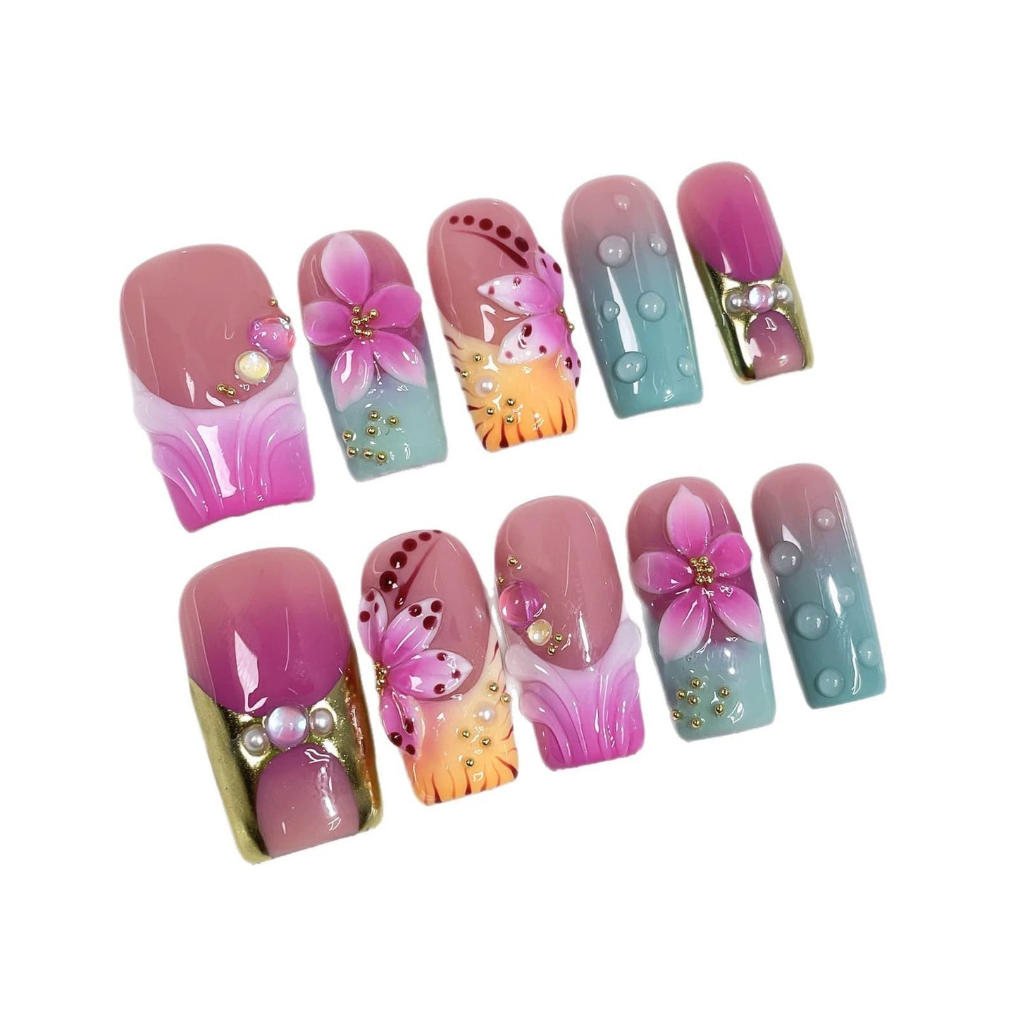 10Pcs Press on Nails Medium Handmade Square Fake Nails with 3D Flower Designs Purple Ombre French Tip False Nails Luxury Glossy Acrylic Nails Press Ons Reusable Stick on Nail for Women (Size M)
