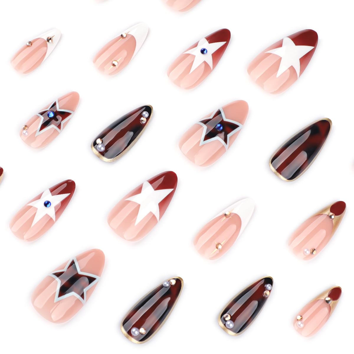 HPYFOI Press on Nails Medium Almond - Y2K Star & Brown Tortoise Fake Nails,French Tip Reusable Glue on Nails for Women Manicure 24Pcs