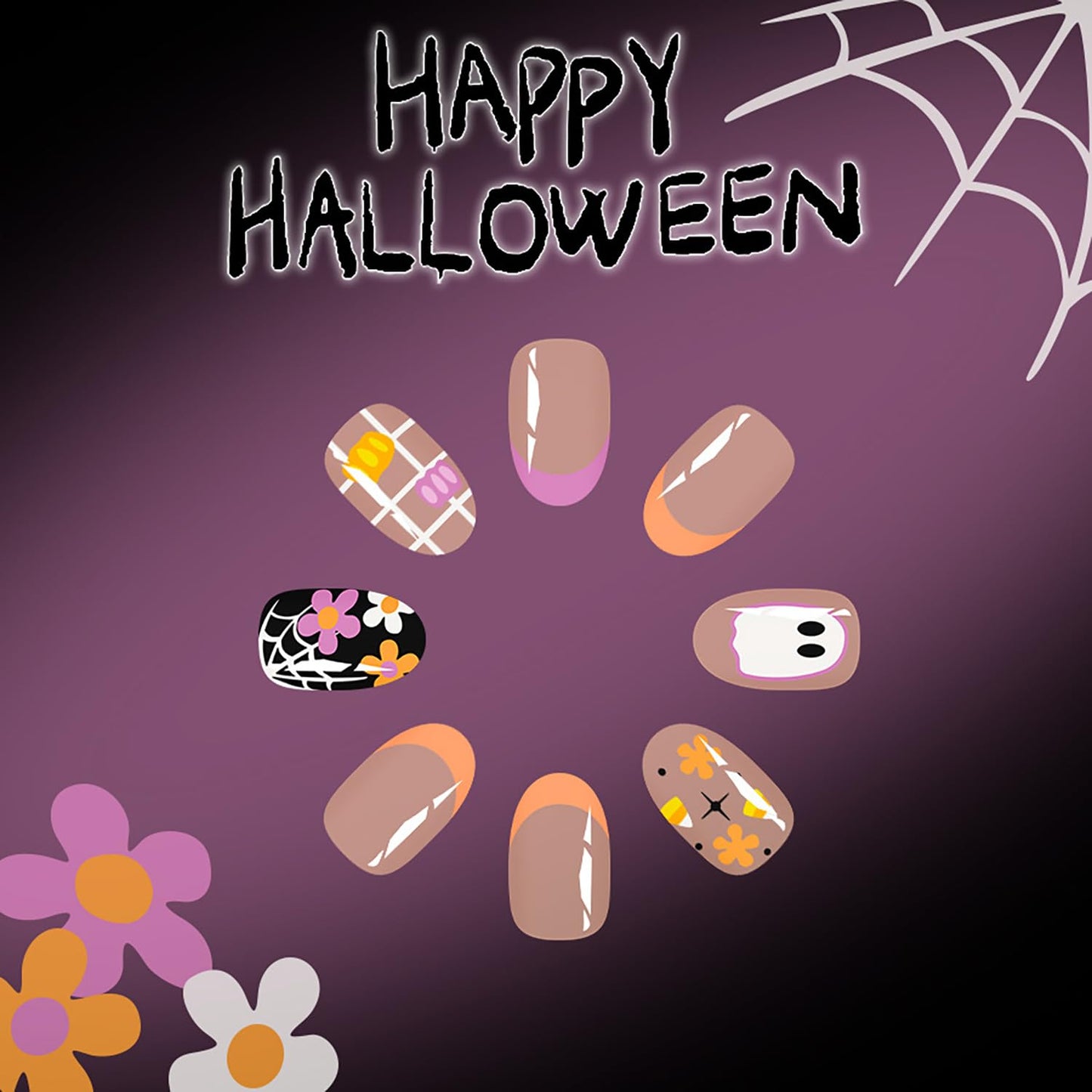 CJDLTS Halloween Press on Nails Short Almond Cute Ghost False Nail Acrylic Artificial Fingernails Flowers Bat Design Full Cover Glossy Festival French Stick on Nails for Women Supplies 24Pcs
