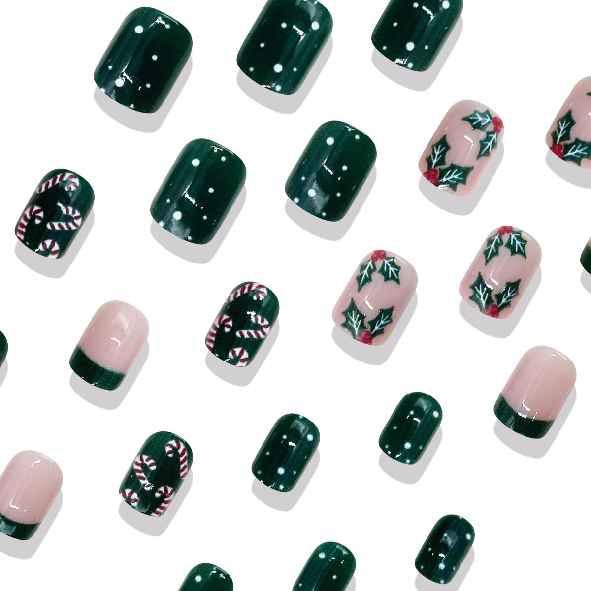 Green French Tip Christmas Press on Nails Holly Short Square Fake Nails with Candy Designs Nude Pink Glossy Acrylic Nails Xmas Full Cover Stick on Nail Winter False Nail for Women 24Pcs