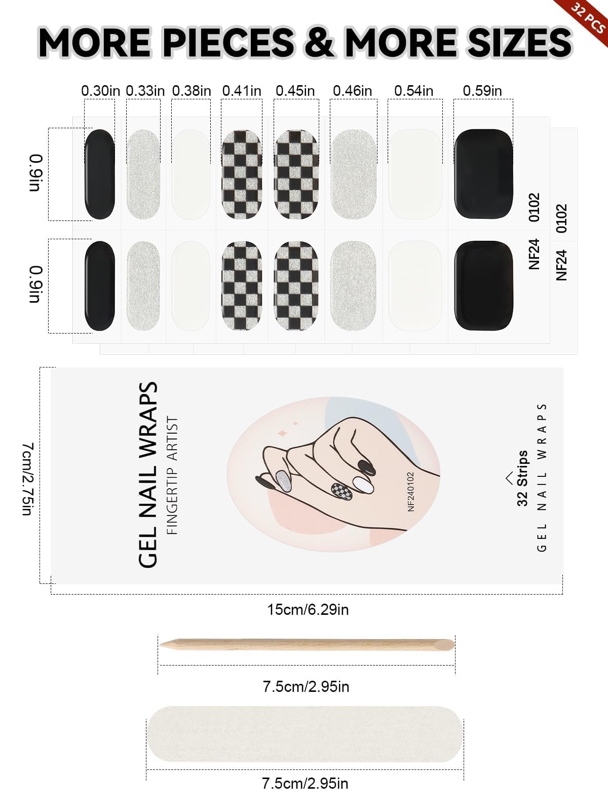 32PCS Semi-Cured Gel Nail Strips EBANKU Nail Polish Stickers Long-Lasting Semi-Cured Gel Nail Wraps Full Nail Polish Wraps Shiny Nail Decors Gel Nail Art Stickers UV/LED Lamp Required (Black Plaid)