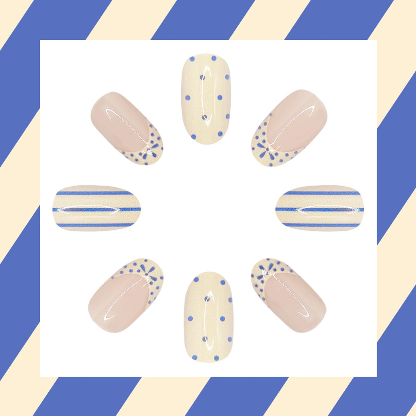 Blue white Press on Nails Short Almond Fake Nails French Tip False Nails with Stripe & Polka Dot Design Glossy Reusable Artificial Acrylic Glue on Nails Full Press Ons for Women Manicure Decor 24Pcs