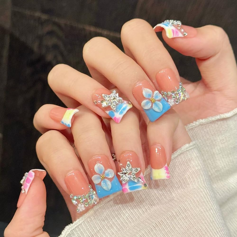 Handmade press on nails Duck Medium Fake Nails Blue French False Nails with 3D Flower Designs luxury Stars Charm Acrylic Nails for Women 10pcs (Size M）