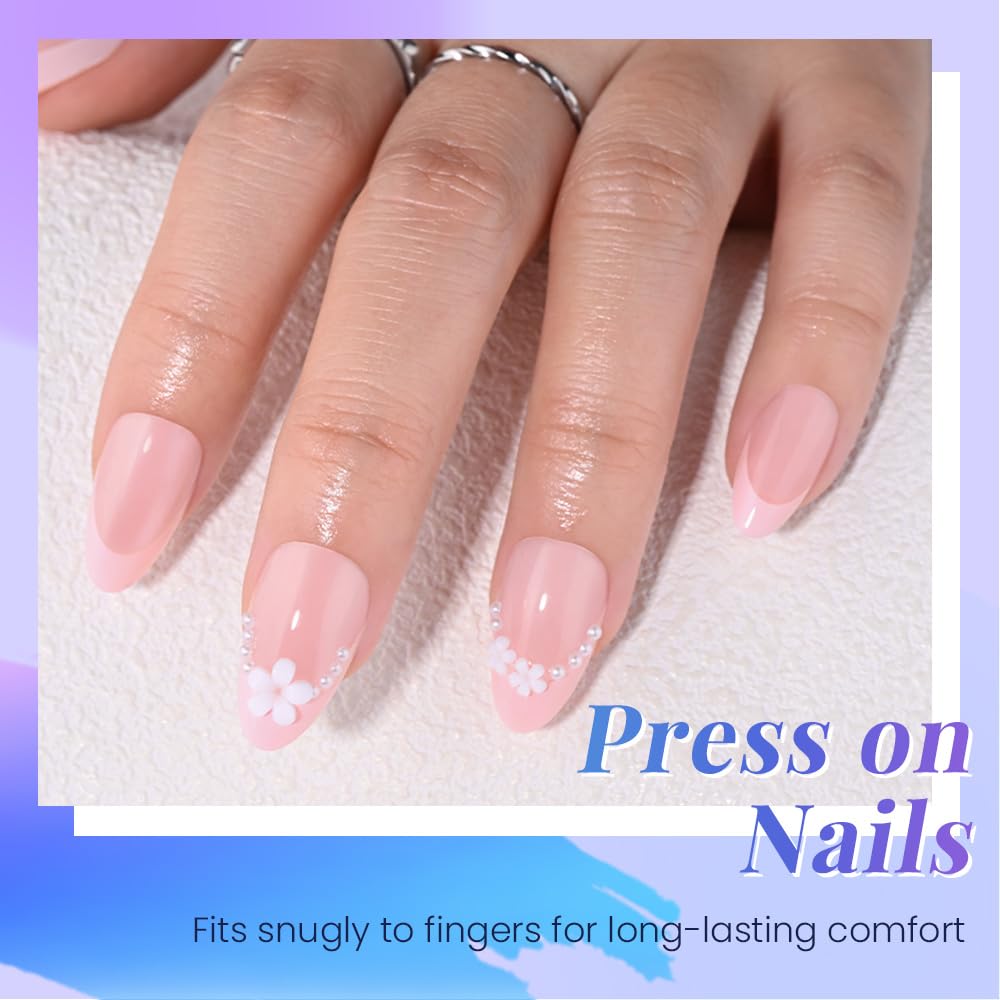evpct Nude Pink French Press on Nails Short Almond with 3D Flower Design, Pink French Tip Stick on Nails for Women Gift, Reusable Full Cover Soft Press on Fake Nail Perfectly Fit with Pearl Design