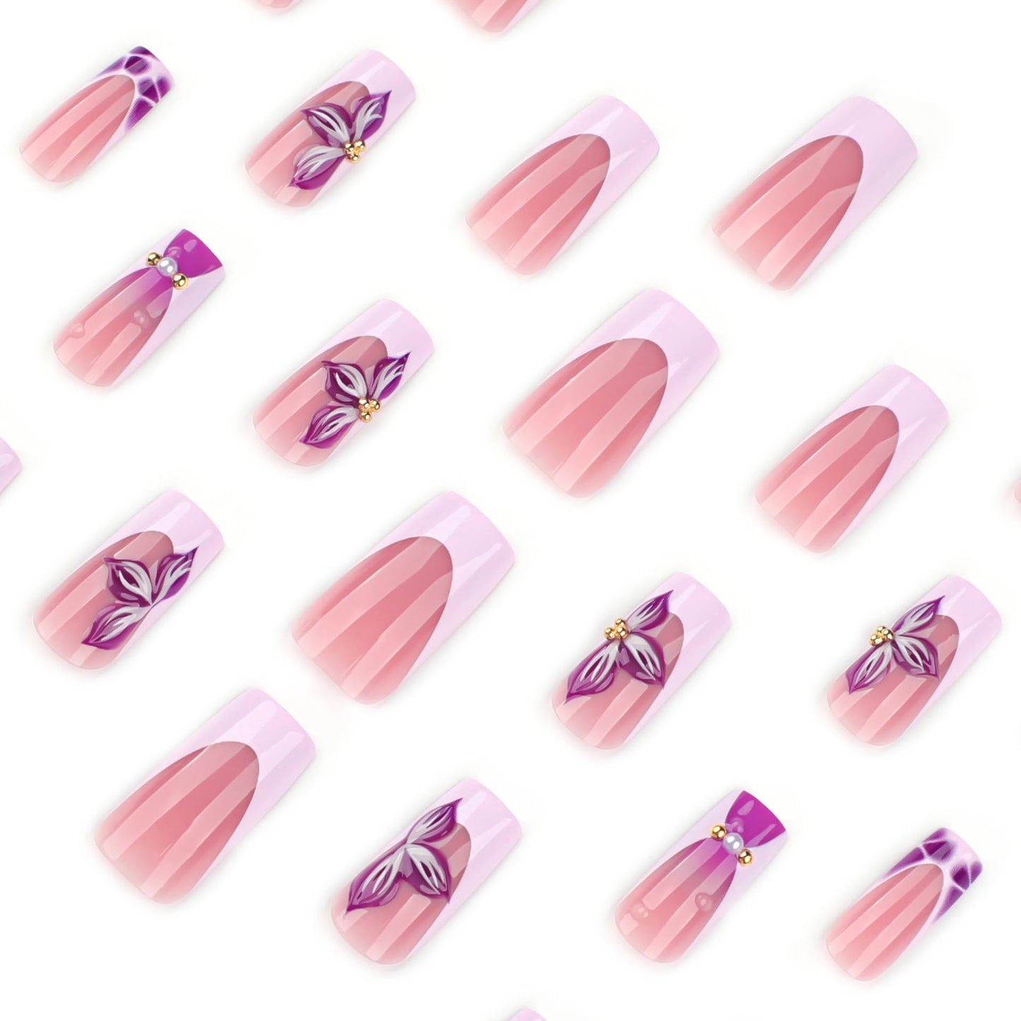 CTTHNBD Square Press on Nails Medium - Purple French Tip Fake Nails with Flower Design - Ombre Stick on False Nails - for Women 24 Pcs