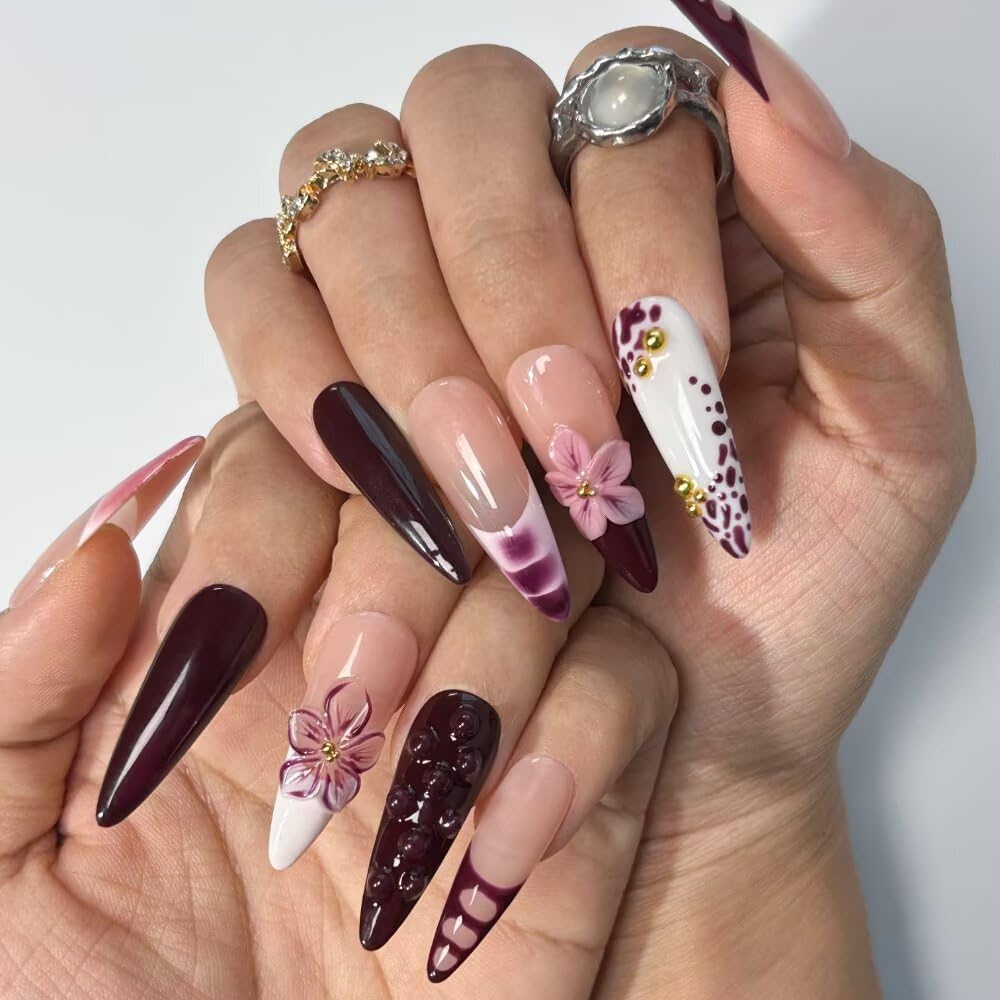 MAGLFELL Press On Nails - Handmade Long Stiletto Fake Nails, 3D Painting Purple French and Floral Design, Reusable Artificial False Nails for Women 15 Sizes - 30Pcs Stick On Nails Kit