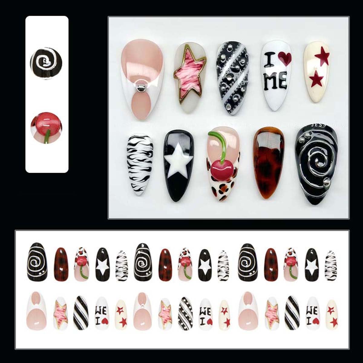 LINMEIZAI 24 Pcs French Tip Press on Nails Short Almond 3D Star Fake Nails Press ons Nail Tips Glue on Nails Y2K Acrylic Nail Kit with Black Swirl Design False Nails Spring Nail Art for Women