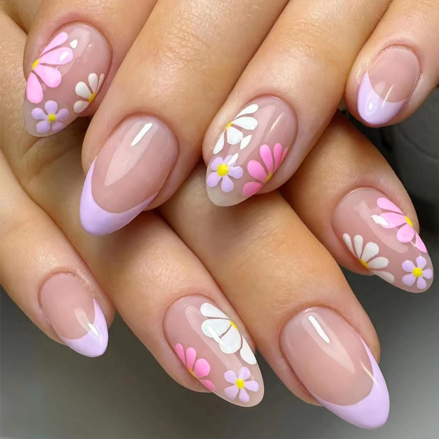 24Pcs Pink Press on Nails Short Almond Fake Nails Nude Pink with Nail Tips Manicure Design Summer Flower False Nails Stick on Nails Full Cover Artificial Glue on Nails for Women Acrylic Manicure Salon