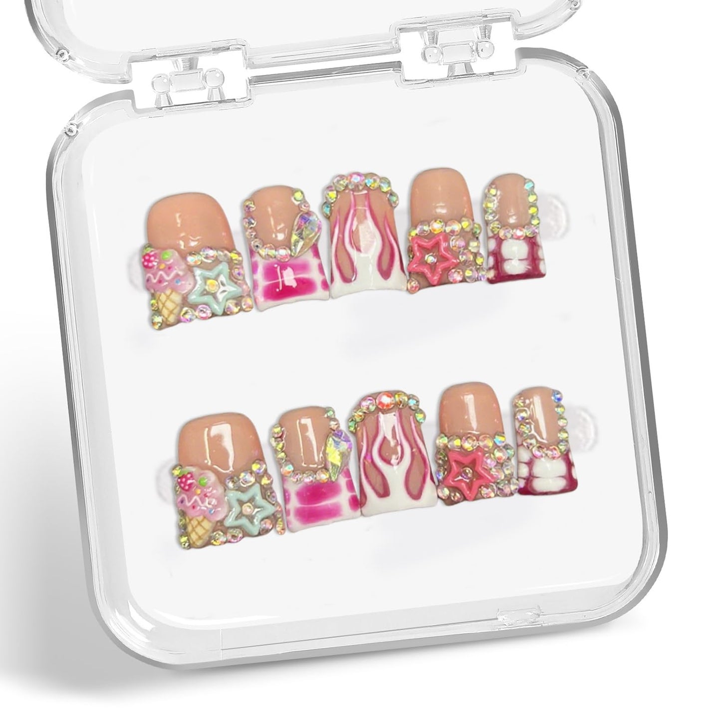 Handmade Press on Nails Short Duck 3D Rhinestones French Tip Thick Acrylic Fake Nails Pink False Nails with Cute Stars Ice Cream Designs Muti-Layer Gel Stick on Nail Art Press on Nail for Women（S)