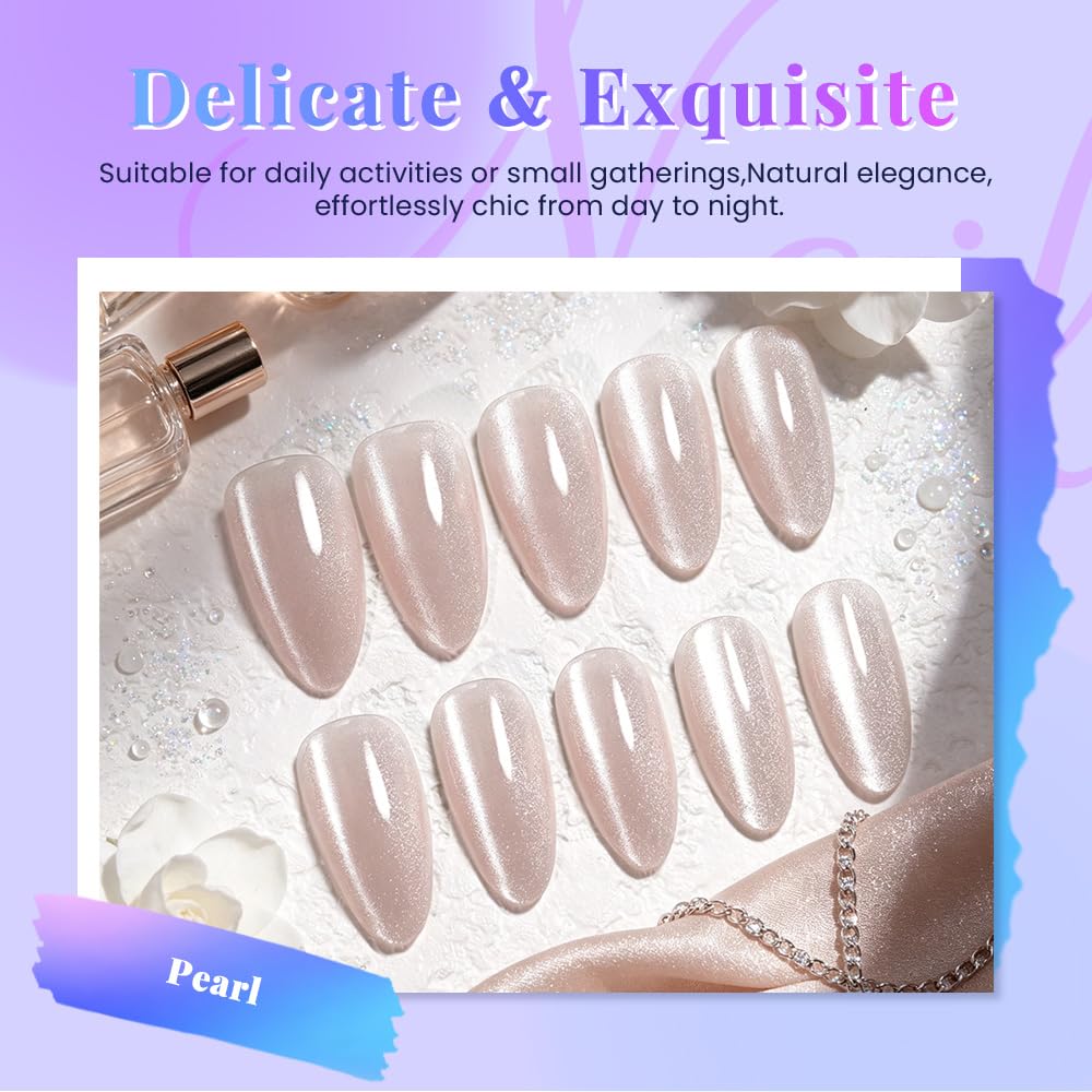 evpct Pearl Cat Eye Press on Nails Almond Medium for Women, Pearl White Medium Almond No Glue Stick on Nails with Cat Eye Design, Holographic Glossy Soft Nail, Reusable Press on Acrylic Fake Nail
