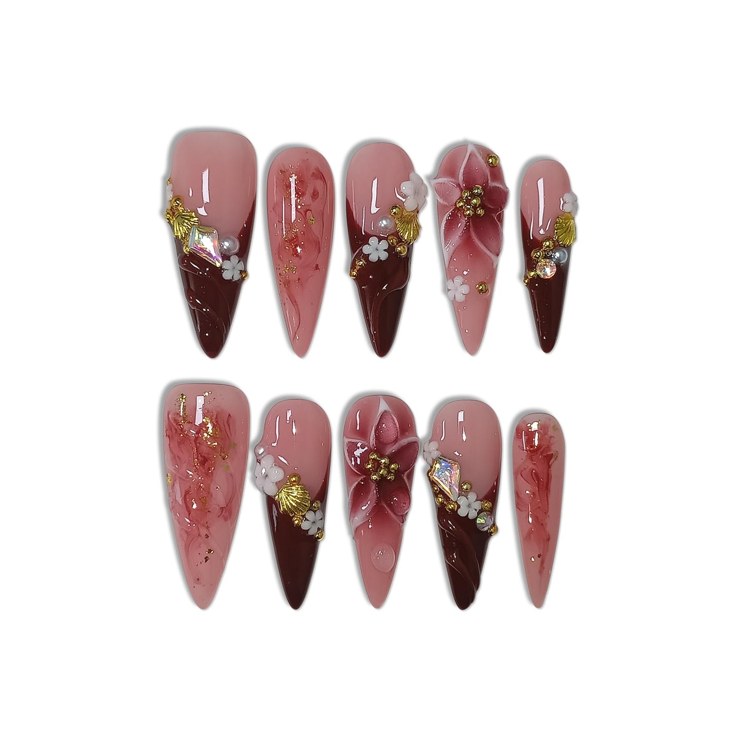 TENPAL Handmade Press on Nails Long Stiletto - Burgundy French Tips 3D Floral Embossed Glossy False Nails for Women Girls Fall Winter- Glossy Acrylic Y2K Nails for Parties Date Daily Wear(S)
