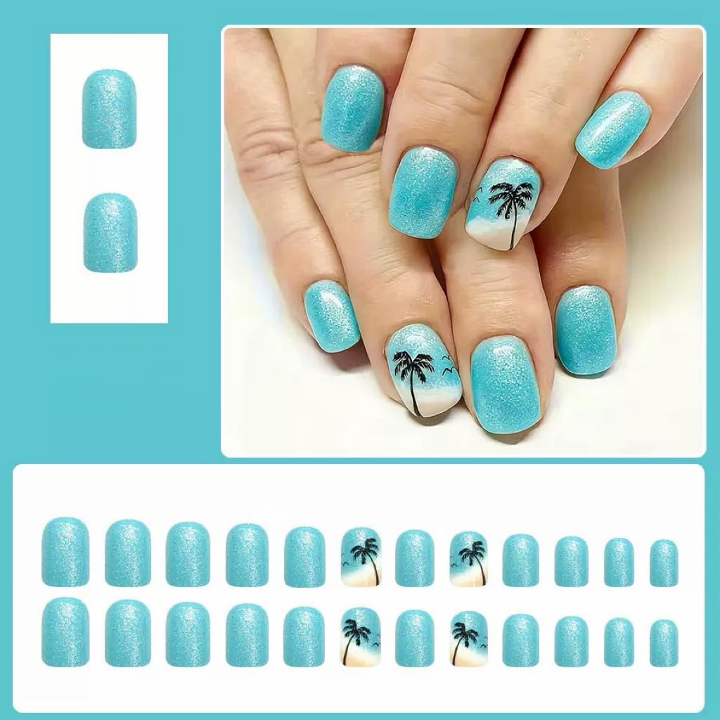 CTTHNBD Short Press on Nails Square - Blue Fake Nails with Coconut Tree Design - Glossy Glitter Full Cover Stick on Nails for Women 24 Pcs