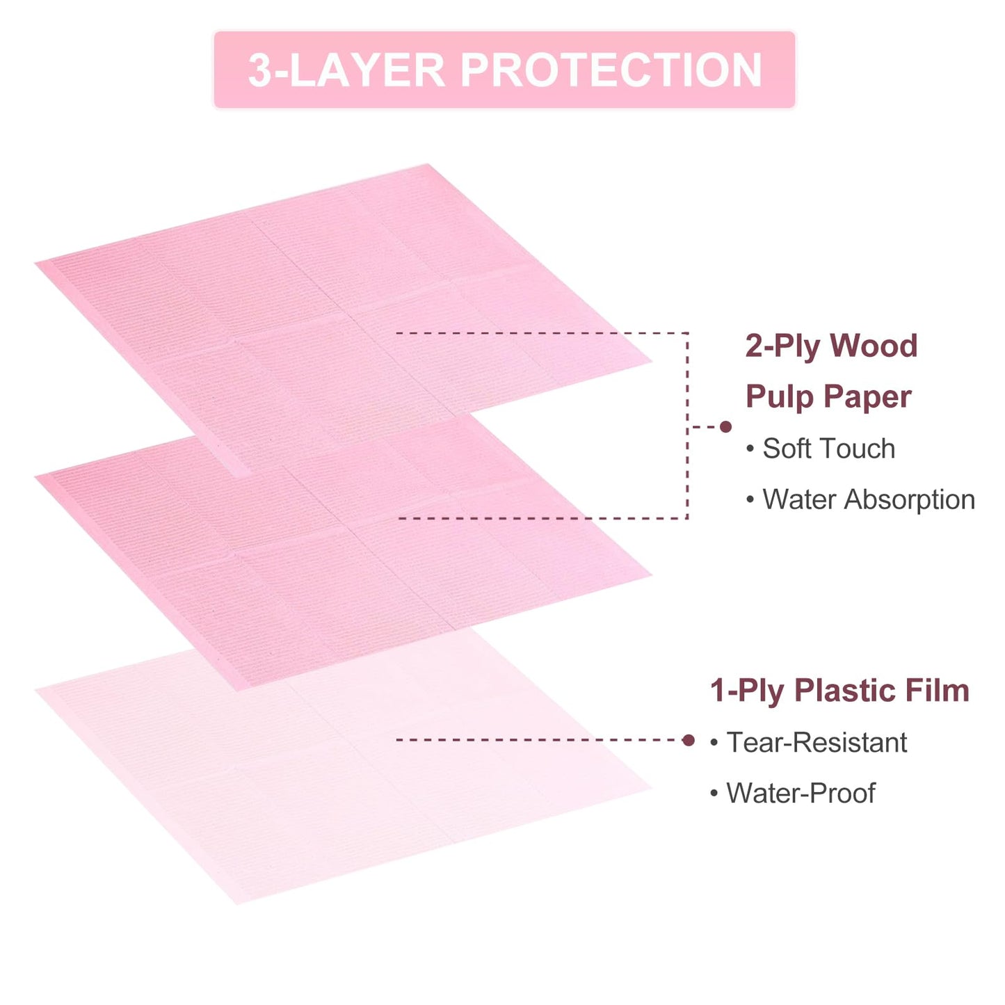SUTOKAKA 125Pcs Pink Disposable Table Mats for Nail Art 3 Ply Foldable Waterproof Dental Bibs Tattoo Sheets Nail Practice Table Cover for Medical Supplies Manicure Salon Pads