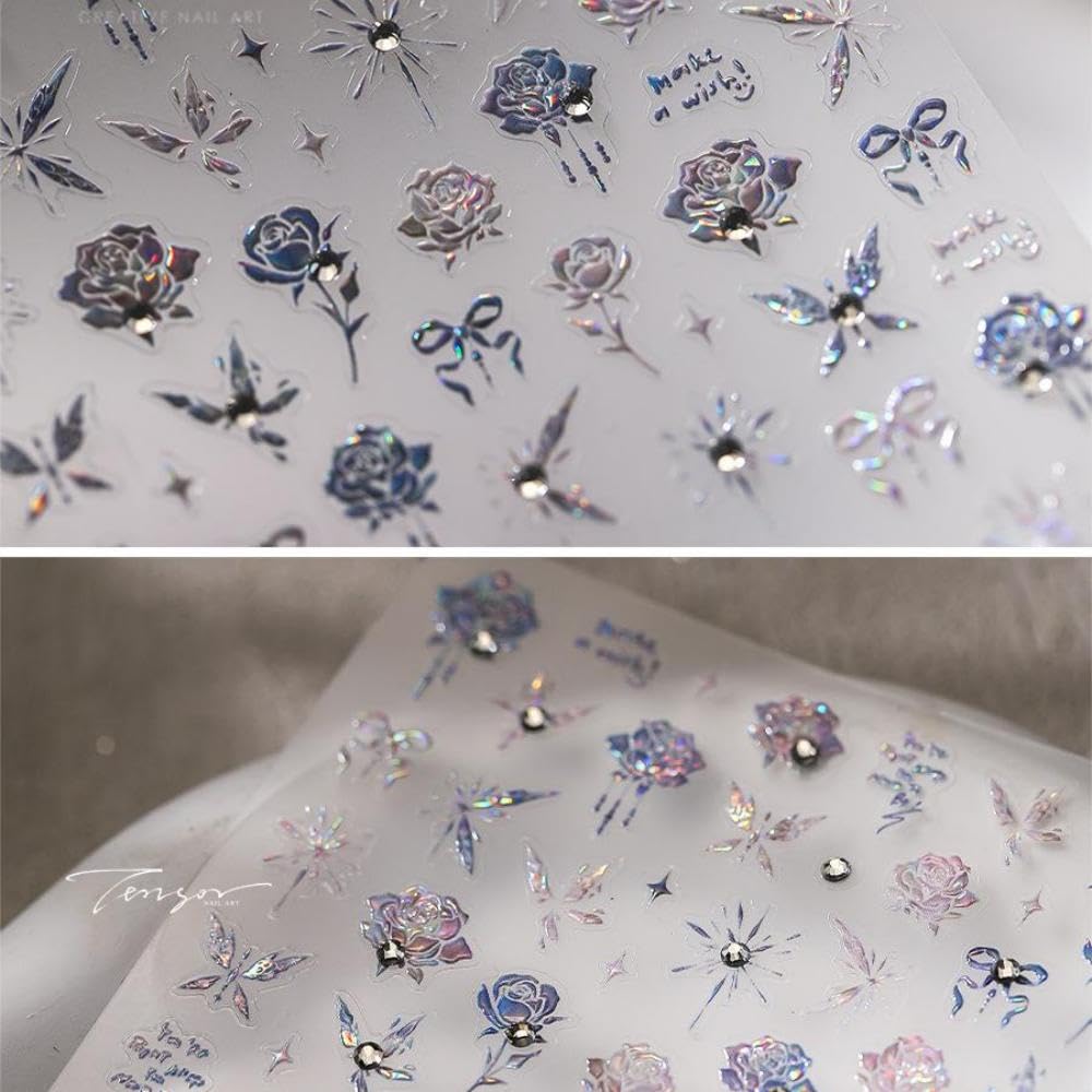 Aurora Flower Nail Stickers 5D Embossed Holographic Pearl Butterfly Nail Decals 3D Self-Adhesive Laser Bow Nail Art Supplies Spring Iridescent Nails Decoration Accessories for Women Manicure 1 Sheet