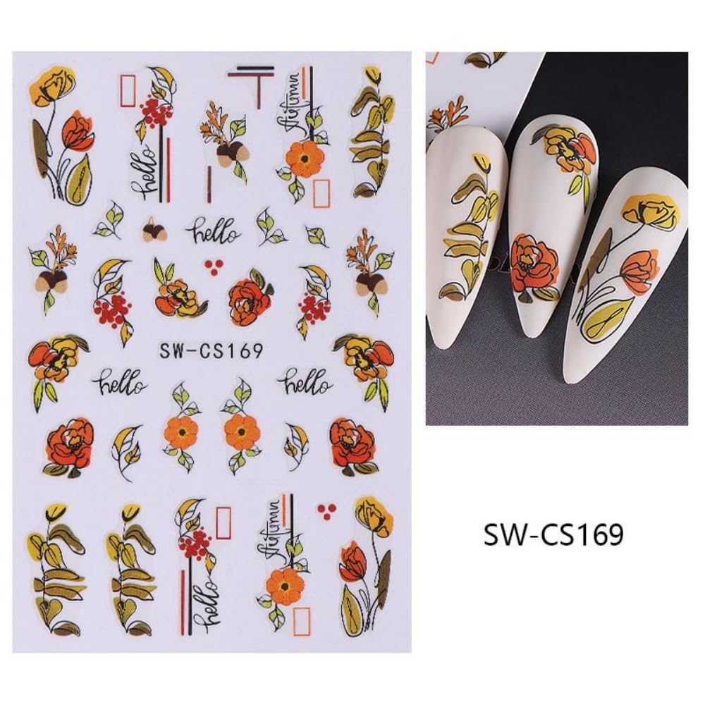 Fall Nail Stickers Pumpkin Maple Leaves Nail Art Stickers 3D Self Adhesive Orange Yellow Leaf Nail Art Supplies Autumn Nail Design Flower Nail Decals for Women 6 Sheets