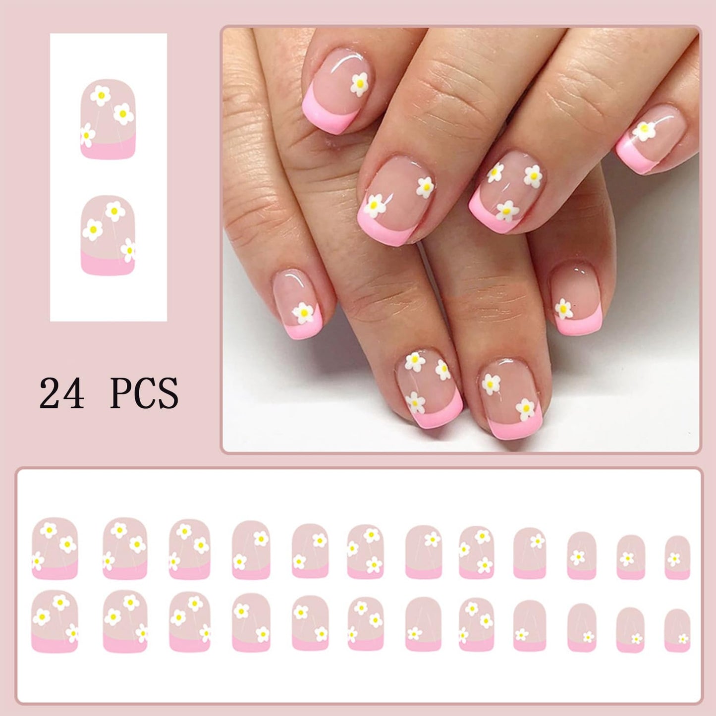 Pink French Tip Press Nails Short Square False Nails Yellow Daisy Flowers French Tip Design Cute Floral Artificial Nails for Women Girls Nail Art Decoration 24pcs