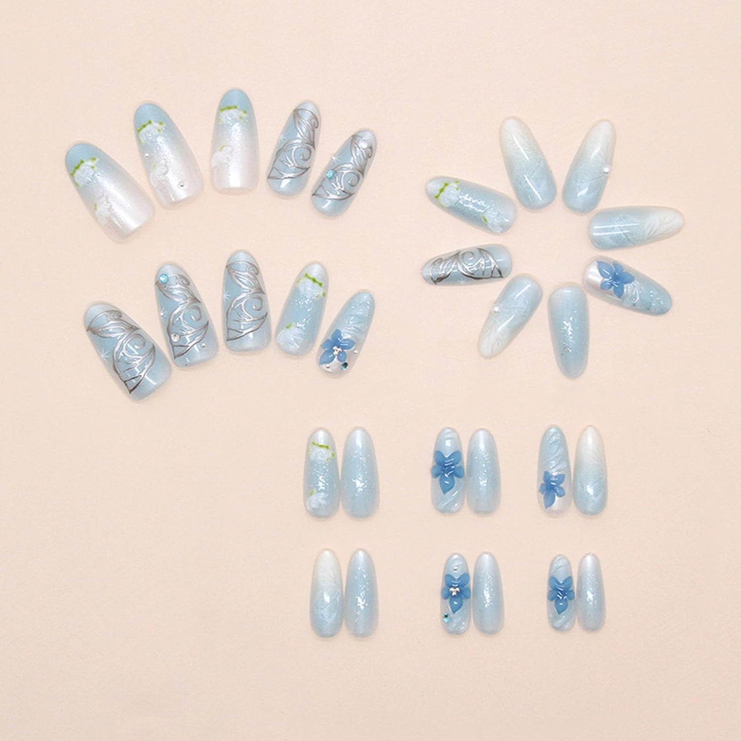 30Pcs Blue Smudge Press on Nails Medium Almond Fake Nails with 3D Rhinestone Pearls Design Butterfly Floral False Nails Lotus Flower Glue on Nail Glossy Full Cover Water Ripples Acrylic Nail for Women