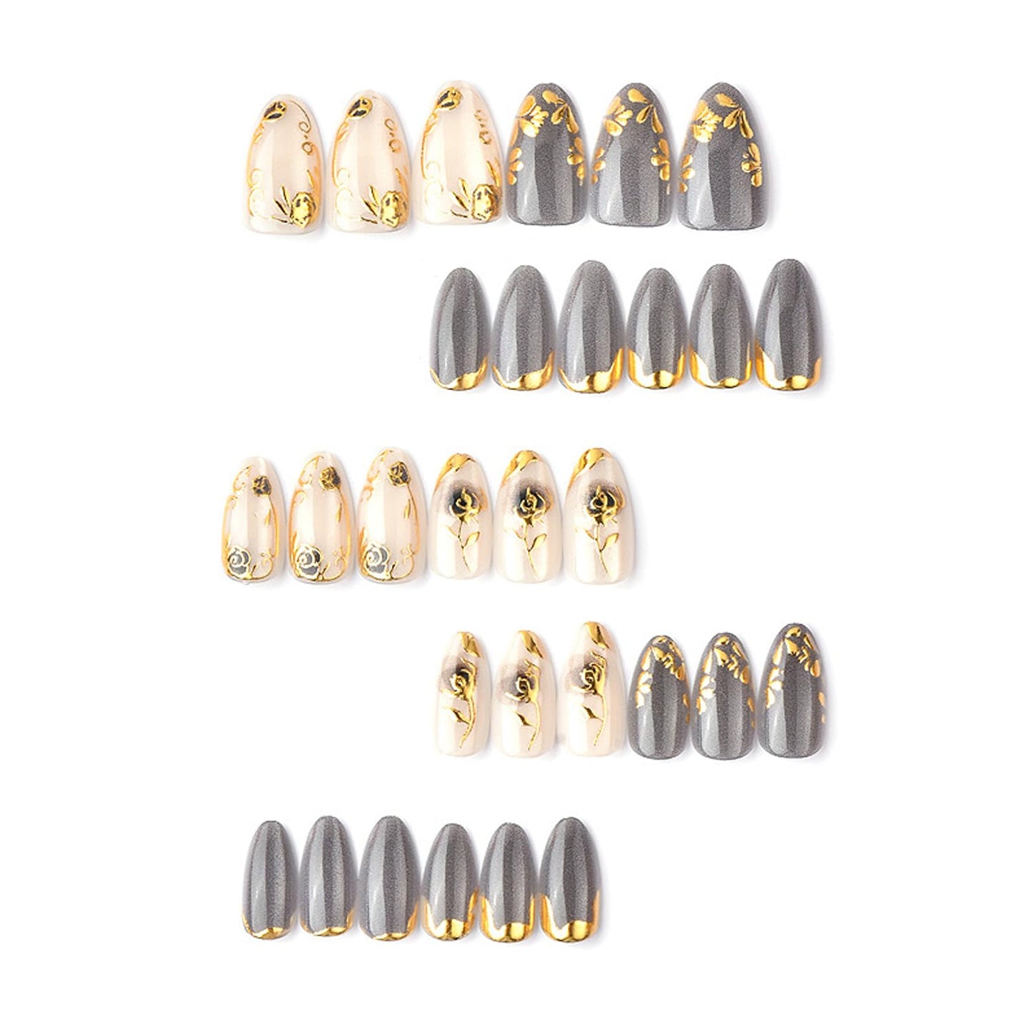 24Pcs Rose Press on Nails Medium Almond Fake Nails with Painted Flowers Boutique Nail Art Flower Rose Full Cover Acrylic Nails Black Gradient Floral False Nail Reusable Gold Stick on Nail for Women