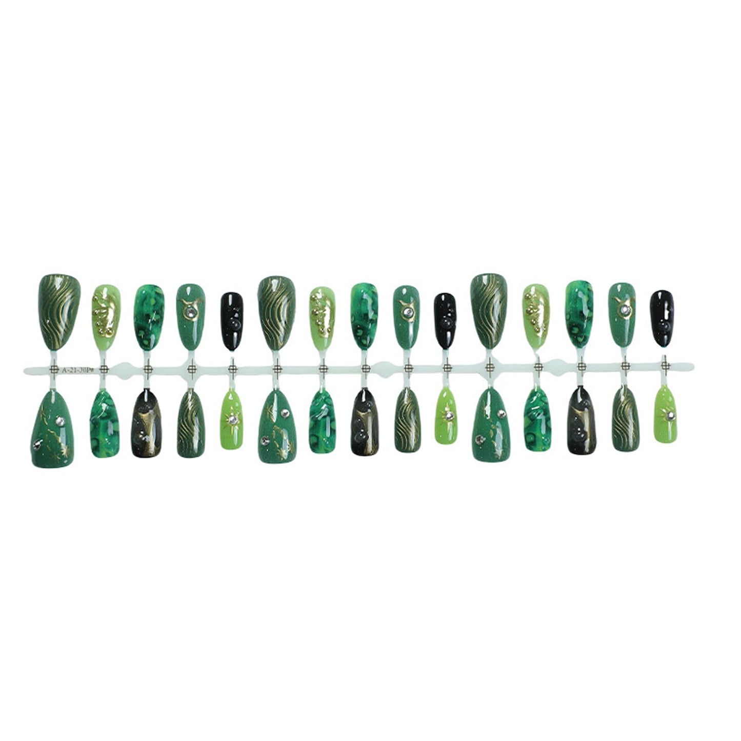 30Pcs Green Press On Nails Medium Almond Fake Nails with Gold Butterfly Star Rhinestone Design Marble Green Stick on Nails Handmade Full Cover Acrylic Nails for Women Daily Wear Manicure