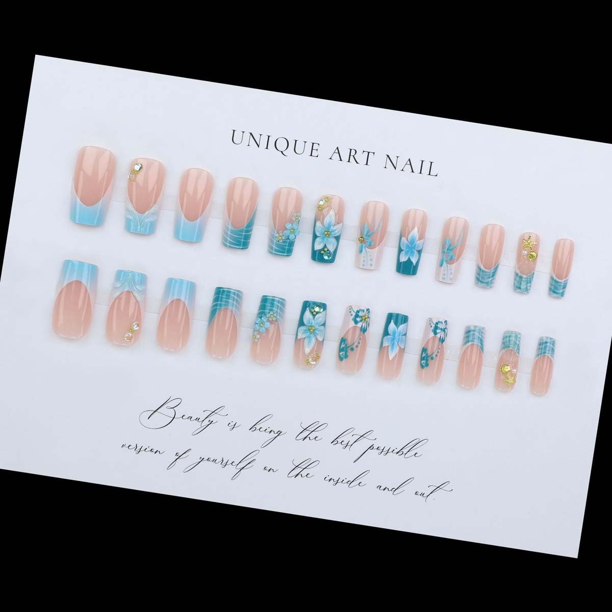 LINMEIZAI 24Pcs French Press on Nails Medium Square Blue Flower Fake Nails Press ons Nail Tips, Stick on Nails Acrylic Nails Kit False Nails with Gold Beads Design Nail Art for Women Cheerful Manicure