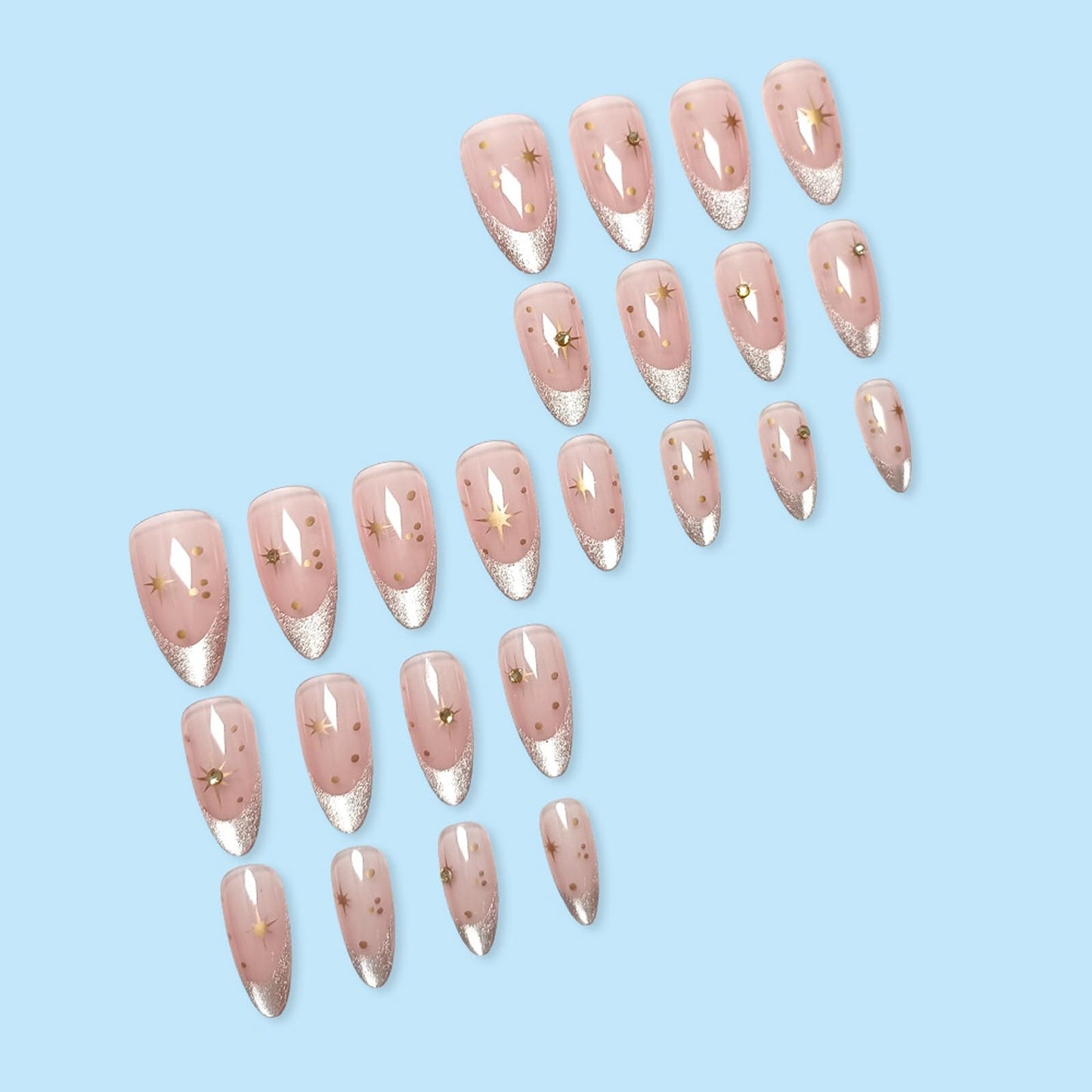 IMRAIN Almond Press on Nails Medium Fake Nails Green Cat's Eye French Tip False Nails with Golden Star Designs Glossy Full Cover Bling Stick on Nails for Women Girls 24Pcs