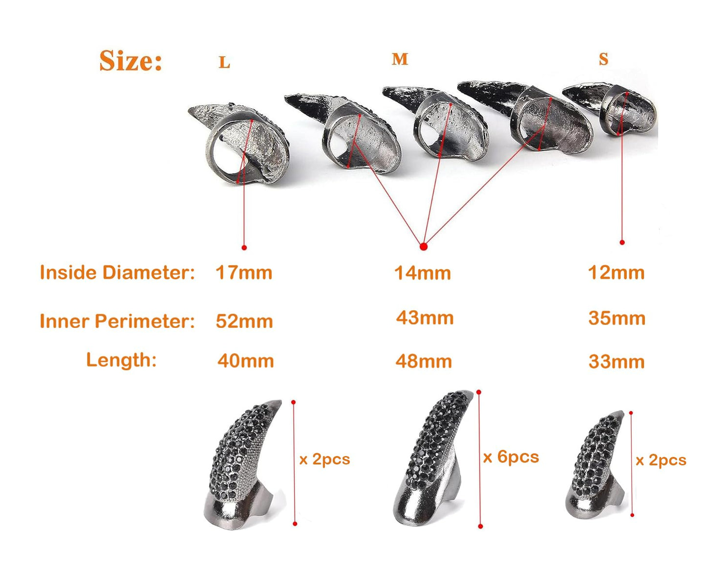 10 Pcs Halloween Costume Fake Finger Claws - Gothic Punk Cosplay Nail Rings - Sparkling Crystals Paved Party Accessories for Girls Women Men - Witch Vampire Paw Fingertip Claw Nails, 3 Sizes - Black