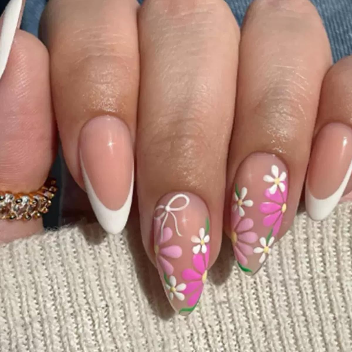 6 Packs (144 Pcs) Flower Press on Nails Medium Almond Fake Nails French Tip False Nails with Designs Spring Summer Floral Glue on Nail Full Cover Glossy Acrylic Stick on Nail for Women Manicure
