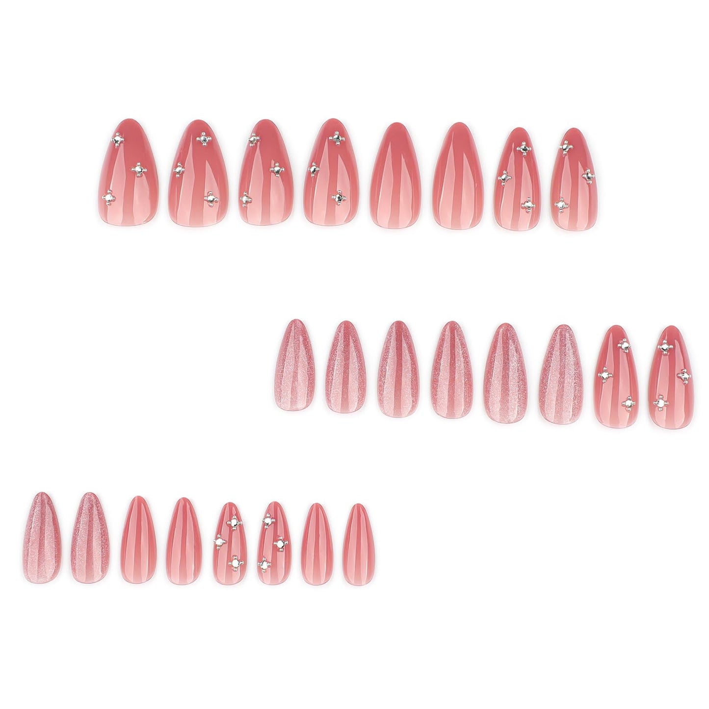 Pink Press On Nails Almond Medium Fake Nails Glitter With Rhinestone Design False Nails Press Ons Glossy Acrylic Nails Reusable Glue On Nails For Women Girls