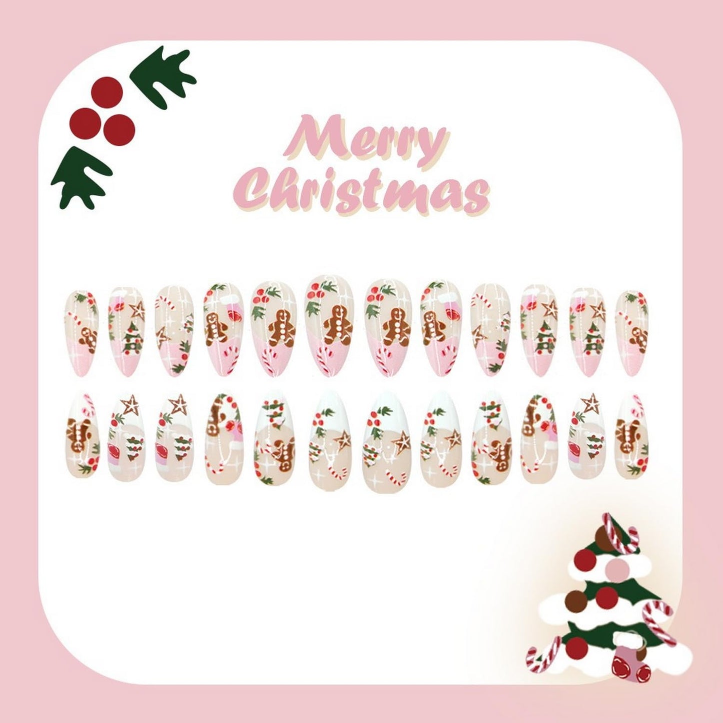 Christmas Press on Nails Medium Almond Fake Nails Glitter with Cute Gingerbread Man, Crutch, Christmas Tree, False Nails Design Full Cover French Acrylic Nail for Women DIY Manicure Decoration 24 Pcs
