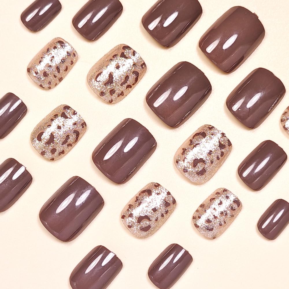 Fall Leopard Print Press on Nails Short Square Fake Nails Leopard Print Glitter Designs Brown Glossy Full Cover Acrylic False Nails Autumn Winter Full Cover for Women Girls Manicure Decoration 24 Pcs