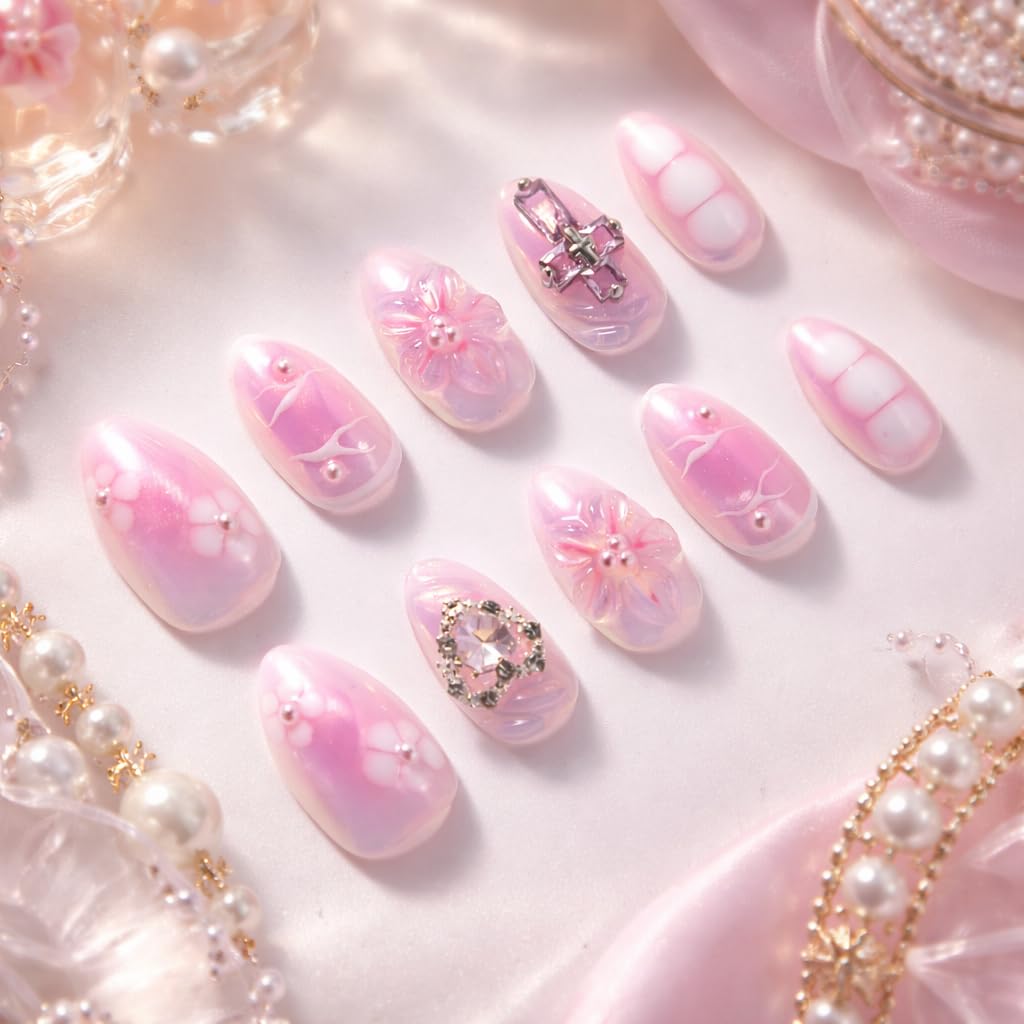 IntoVibes 10 Pieces Handmade Short Almond Press On Nails, Pink Thickened False Nails, Heart Shaped Rhinestone And Flower, Reusable Fake Nails Almond, Reusable Acrylic Nails (L)