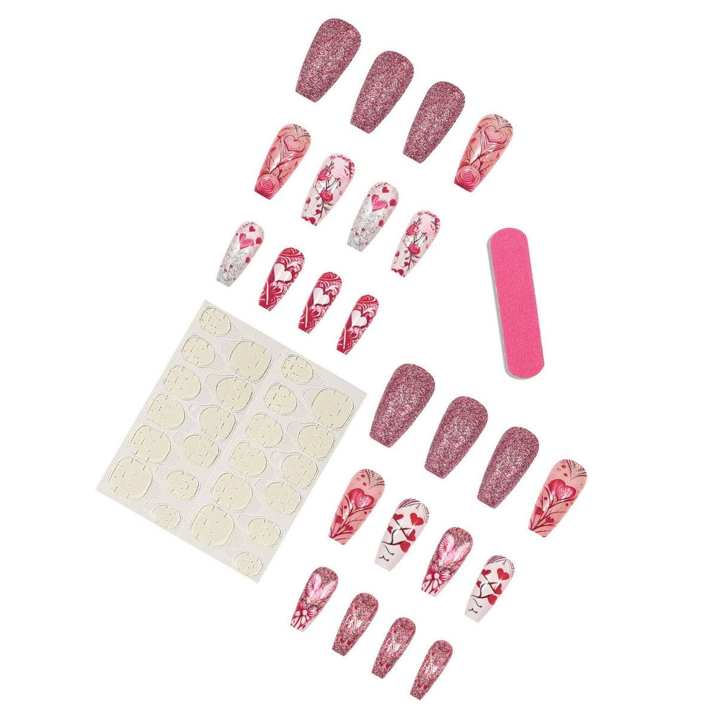 Valentine's Day Press on Nail Long Coffin Fake Nails with designs Pink Press ones Full Cover Hearts Stick on Nail Glitter Acrylic False Nails Reusable Glue on Nails for Women Romantic Manicure24pcs