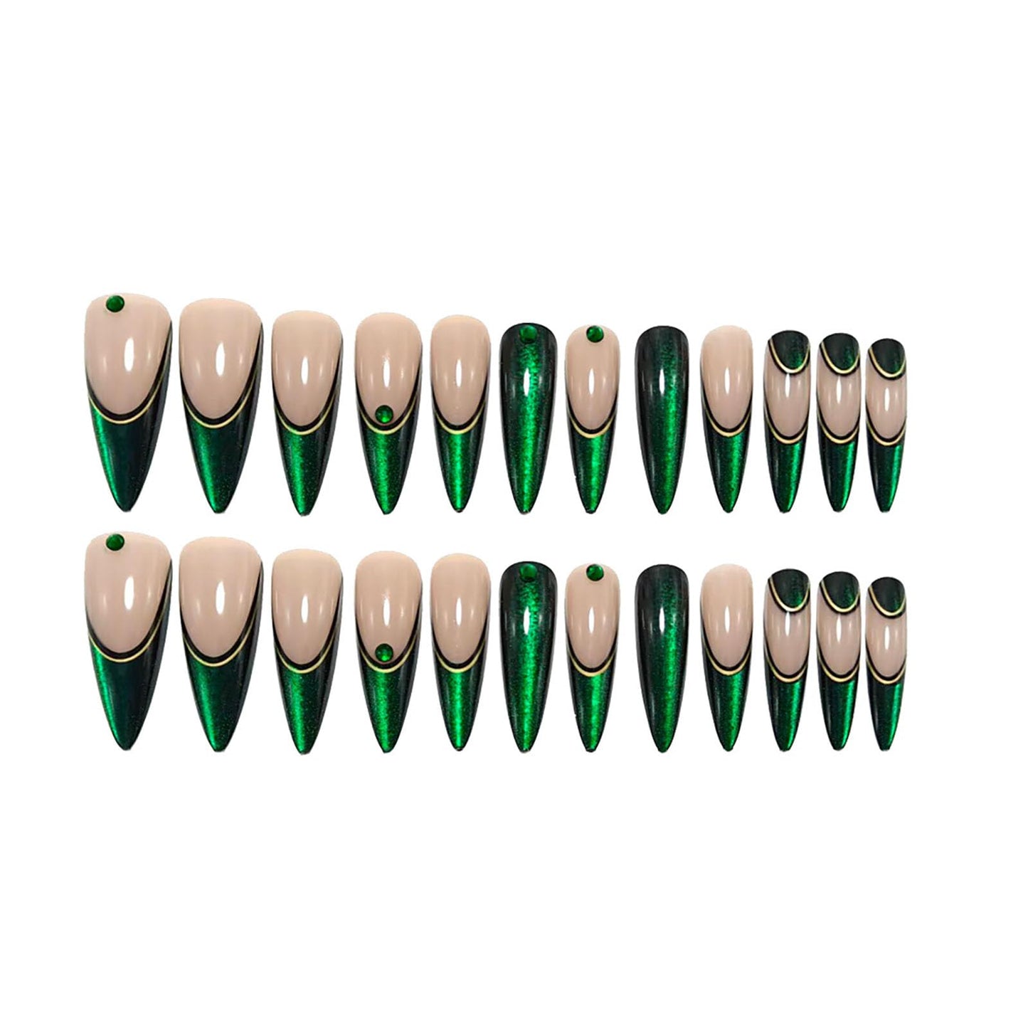 RUOKEXIN Long Stiletto Press on Nails French Tip Fake Nails Green Cat Eye False Nails with Rhinestones Designs Almond Nail Press ons Sparkly Artificial Nails for Women 24Pcs