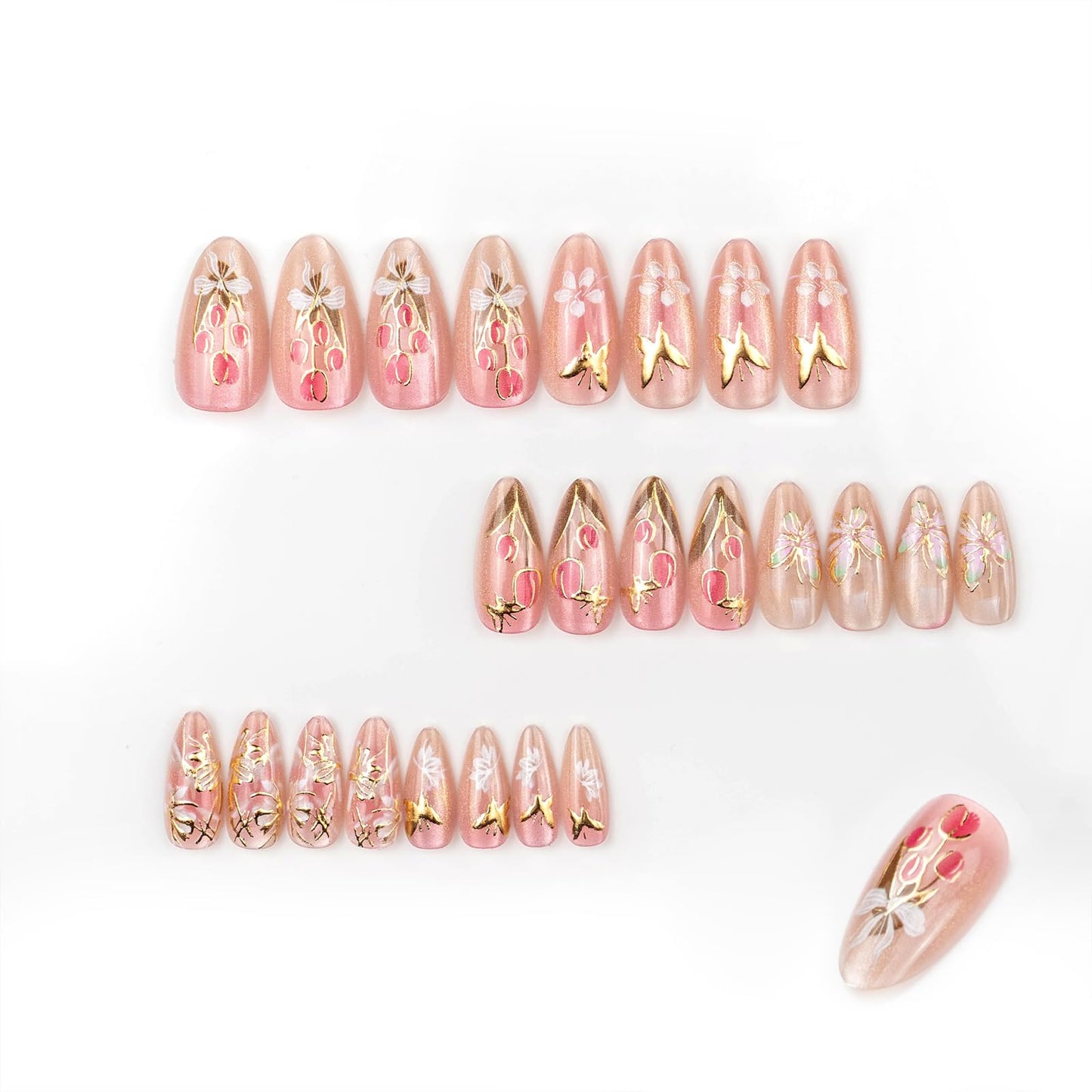 Flower Press on Nails Medium Almond Fake Nails with Designs Tulip Butterfly Stick on Nail Cute Glitter Acrylic False Nail Spring Summer Artificial Nail Glossy Full Cover Glue on Nails for Women
