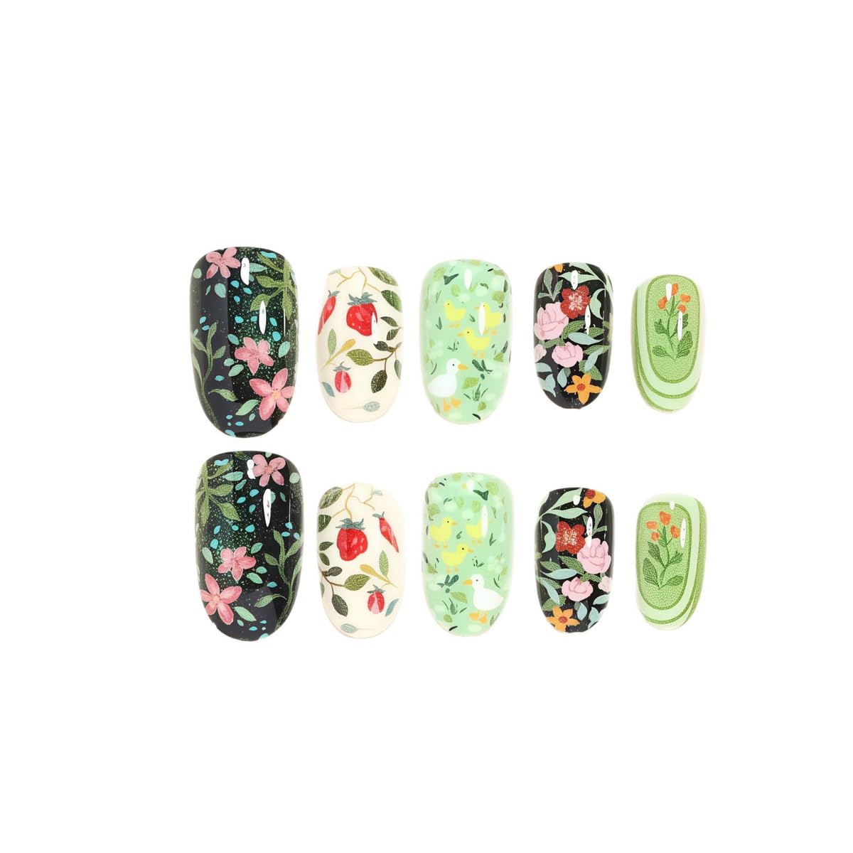 Short Press on Nails Oval - Green with Spring Flower & Duck Design, Oil Painting Style Full Cover Glossy Fake Nails 24PCS for Women Manicure
