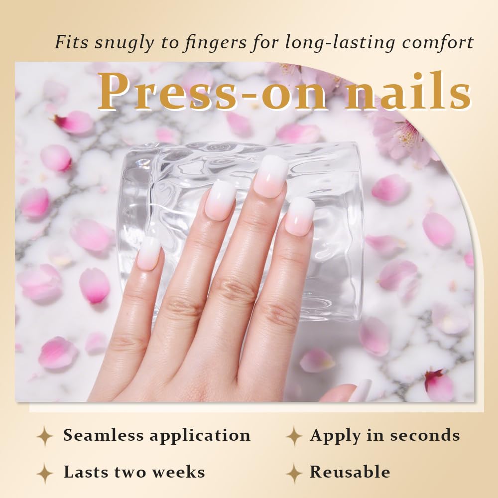evpct Cream White Ombre Glossy Press on Nails Short Square, Nude Glossy Fake Nails Reusable, Acrylic False Nail Stick on Press ons for Women Gifts, Color Ombre Artificial False Nail with Kit, 30Pcs