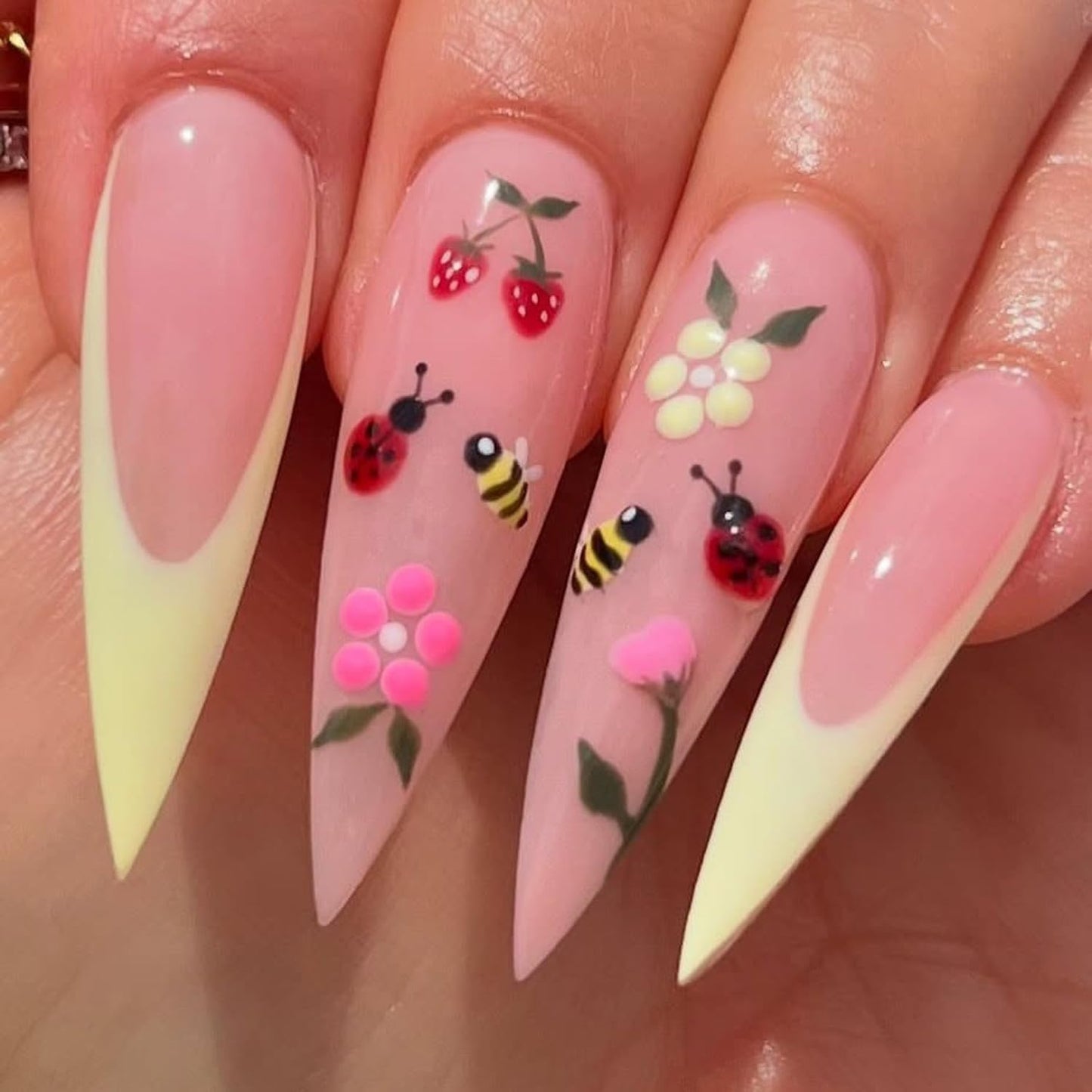 Stiletto Press On Nails Long Fake Nails Flower With Strawberry Design French Tip False Nails Full Cover Nude Pink Acrylic Nail Artificial Glossy Cute Stick On Nail For Women 24pcs