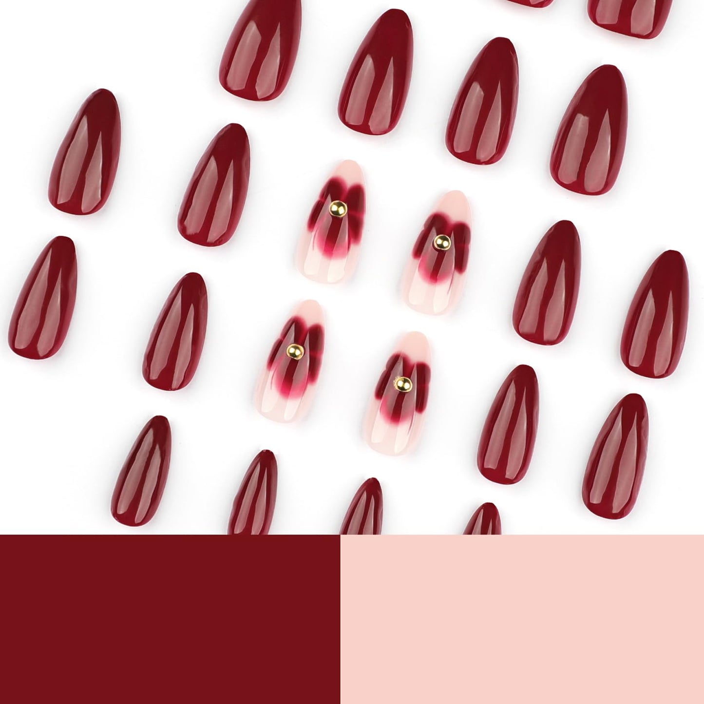 24Pcs Dark Red Almond Press on Nails Short Medium Fake Nails with Floral Steel Ball Design Reusable Almond False Nail Red Flower Nails Press ons Artificial Spring Summer Flower Nails for Women