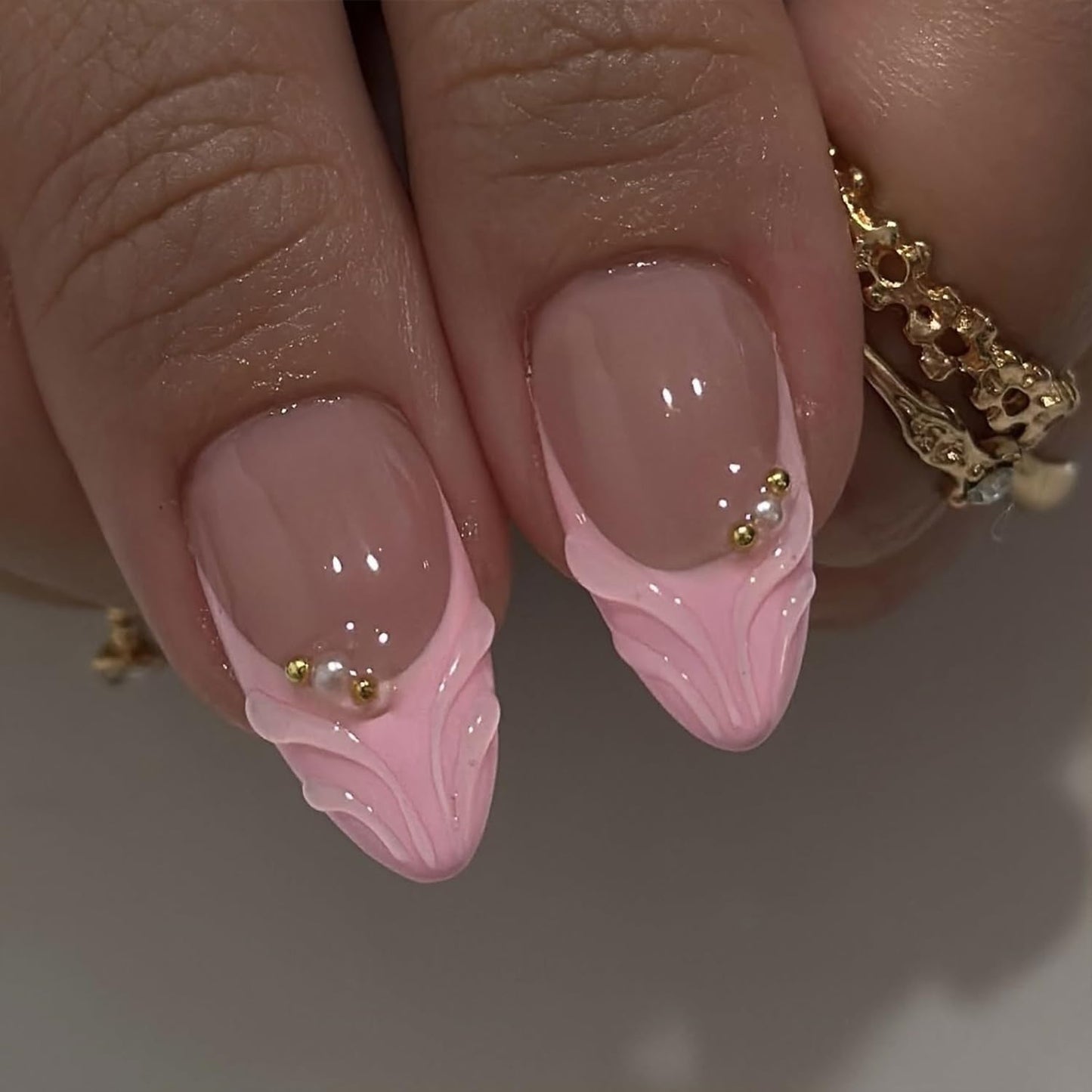 French Tip Press on Nails Medium Almond Fake Nails with 3D Floral Desings Pink Flower False Nails Press ons Glossy Full Cover Glue on Nails Spring Summer Acrylic Nails for Women