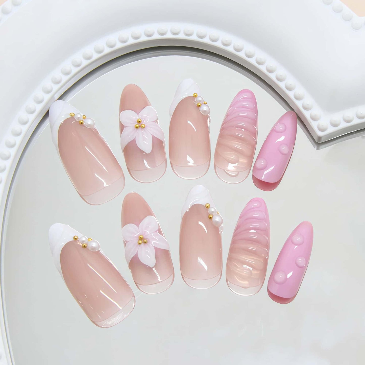 French Medium Almond Press on Nails Pink Droplet Waves Design 3D Flower Fake Nails Full Cover Glue on Nails Removable Stick on Nails for Women 24 Pcs Artificial Nails