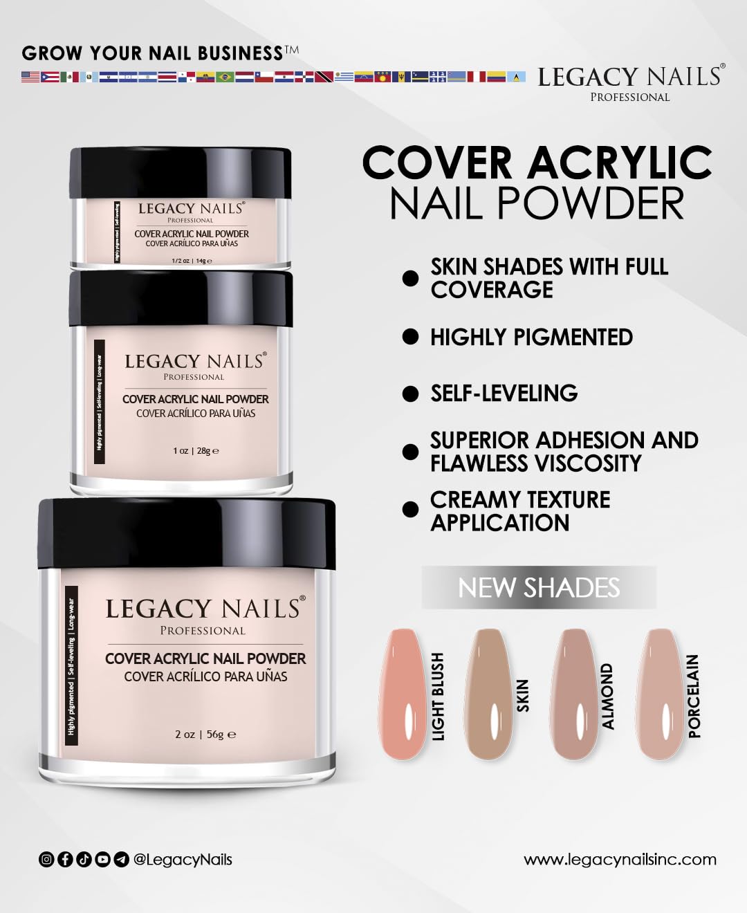 Legacy Nails Professional Cover ALMOND Acrylic Powder, 2 ounces - Ideal For French Nail Art, Full Coverage, Blending, Healthy Look Nail Extensions