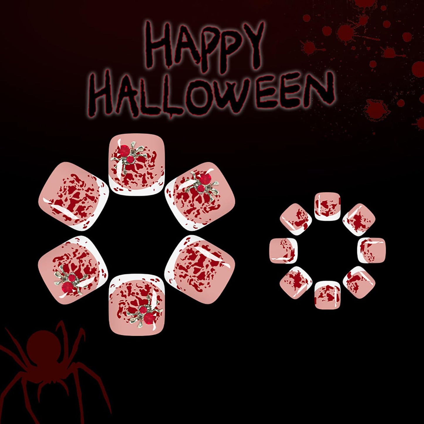 24Pcs French Tip Press on Toenails Short Square Fake Toe Nails with Bloody Designs 3D Spider False Toenail Glue on Nails Halloween Acrylic Nail Press on Spider Rhinestones Stick on Nails for Women