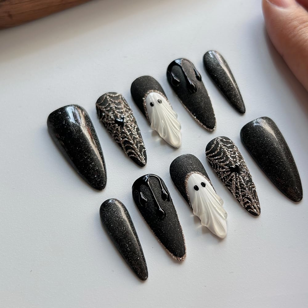 MAGLFELL Halloween Press On Nails Handmade Long Stiletto Fake Nails, Apparition nails Sparkling Design press ons,10 Pcs Reusable Painting Fingernail Tip Salon Artificial Nails Kit (Size S）