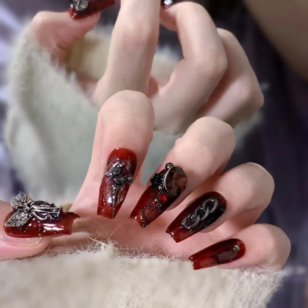 MAOLEETO Press on Nails, Short ladder Fake Nails Bloodthirsty Angel False Nails Middle Red Press on Nails for Women Girls Nail Art Decoration,Bloodthirsty Angel - Middle