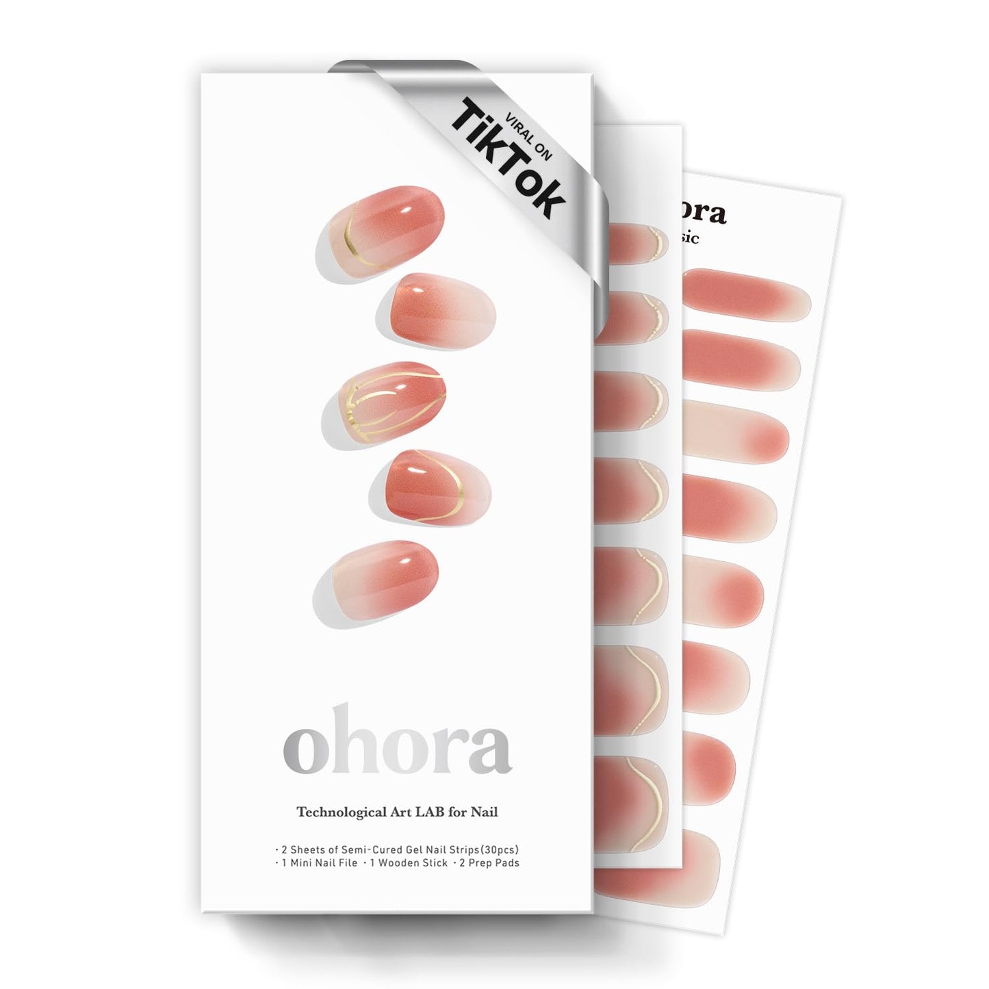 ohora Semi Cured Gel Nail Strips (N Tulip Wash) - Ombre, Pink, Gold, Works with Any Lamps, Salon-Quality, Long Lasting, Easy to Apply & Remove - Includes 2 Prep Pads, Nail File & Wooden Stick